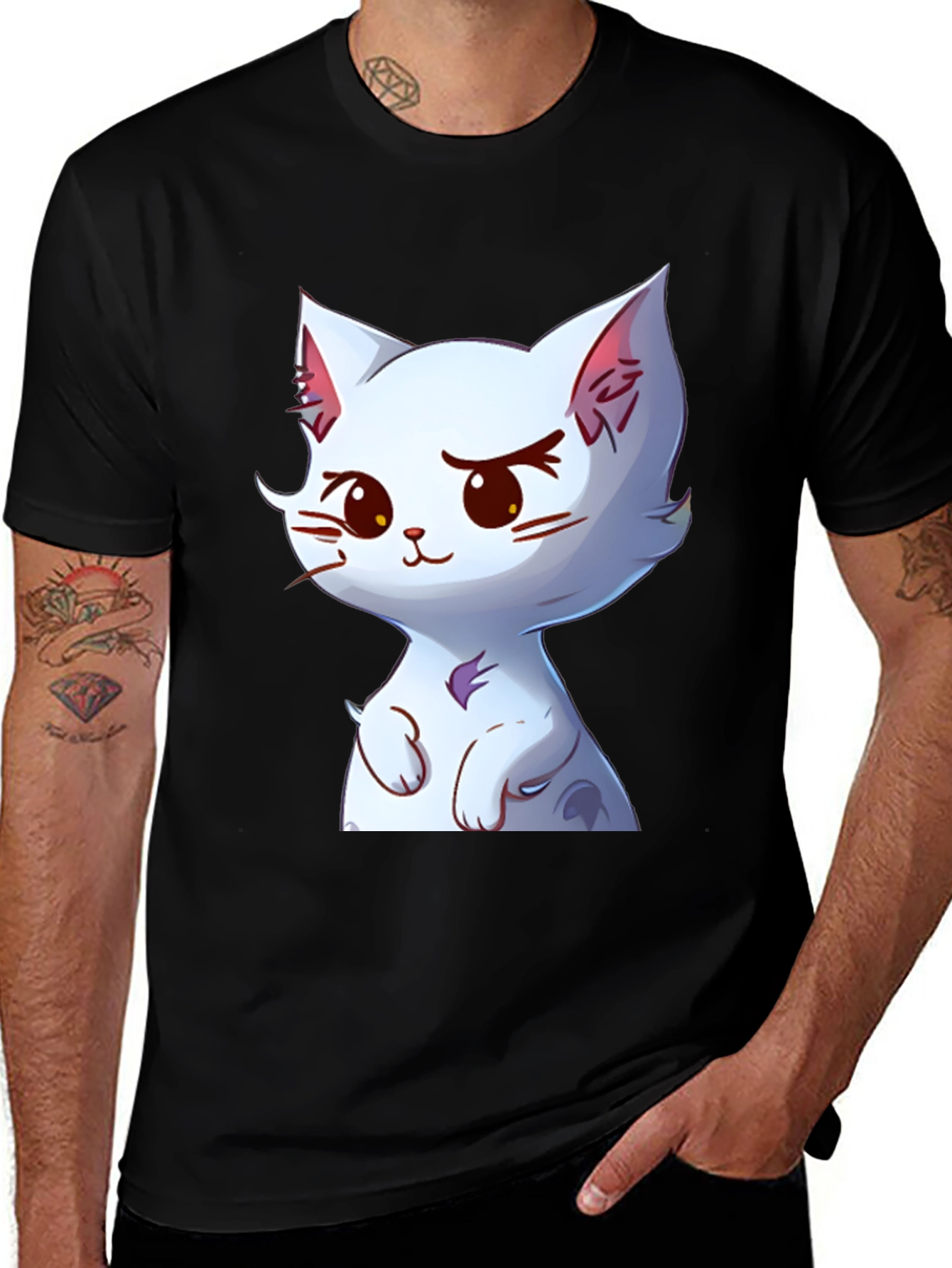 Cute Cartoon Cat Graphic Tee - Black