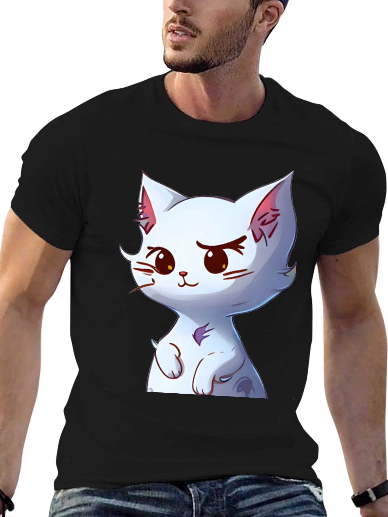 Cute Cartoon Cat Graphic Tee - Black