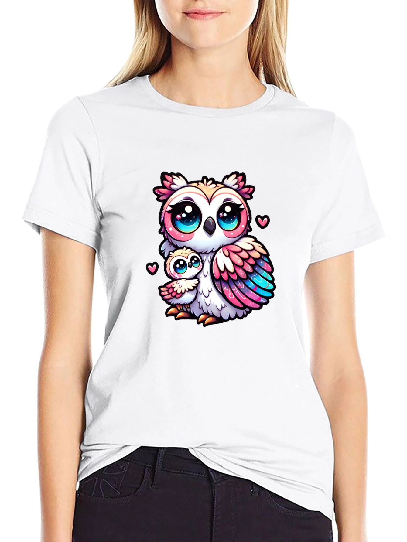 Cute Owl Family Graphic Tee - Black Cotton Shirt