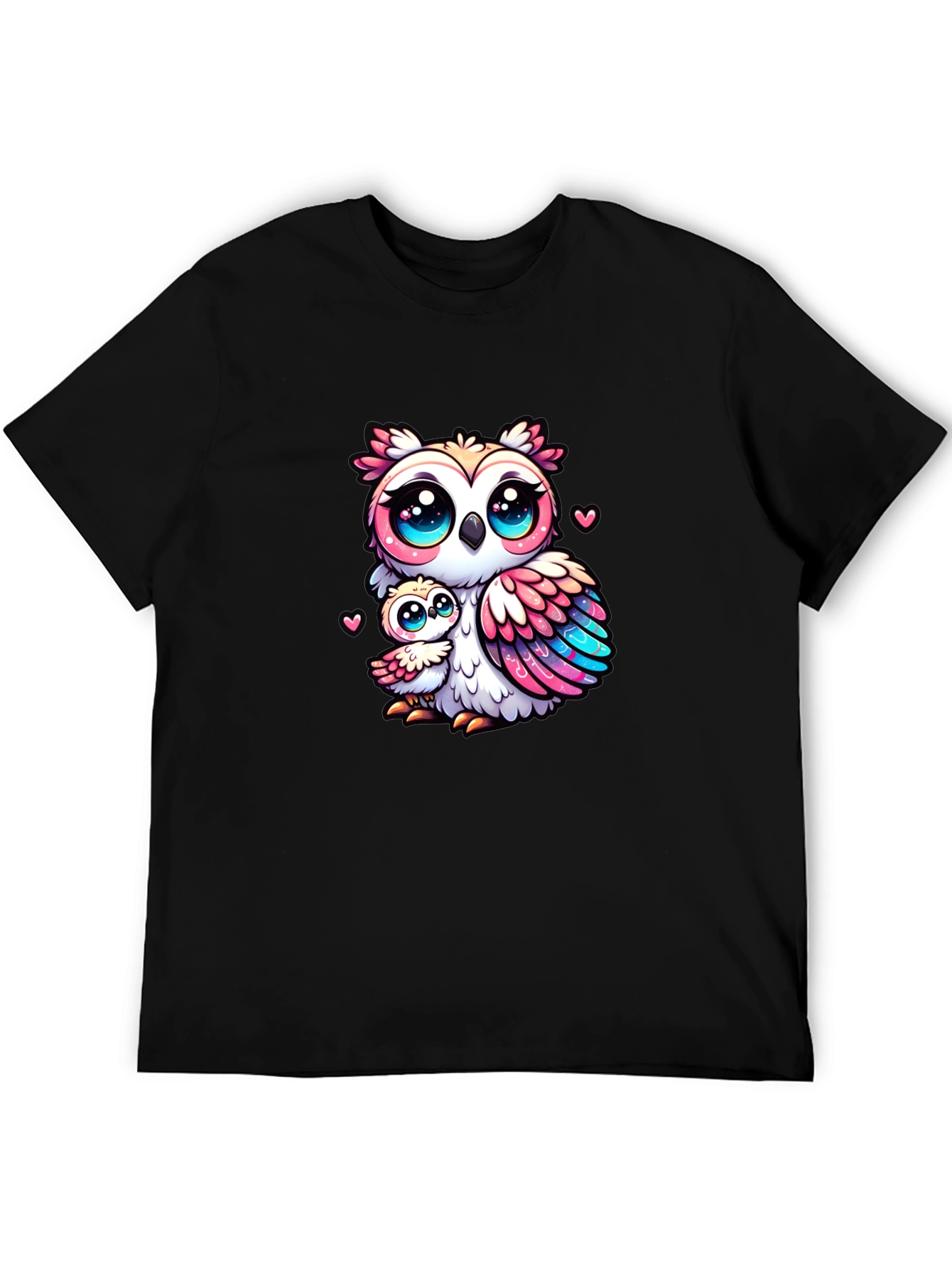 Cute Owl Family Graphic Tee - Black Cotton Shirt