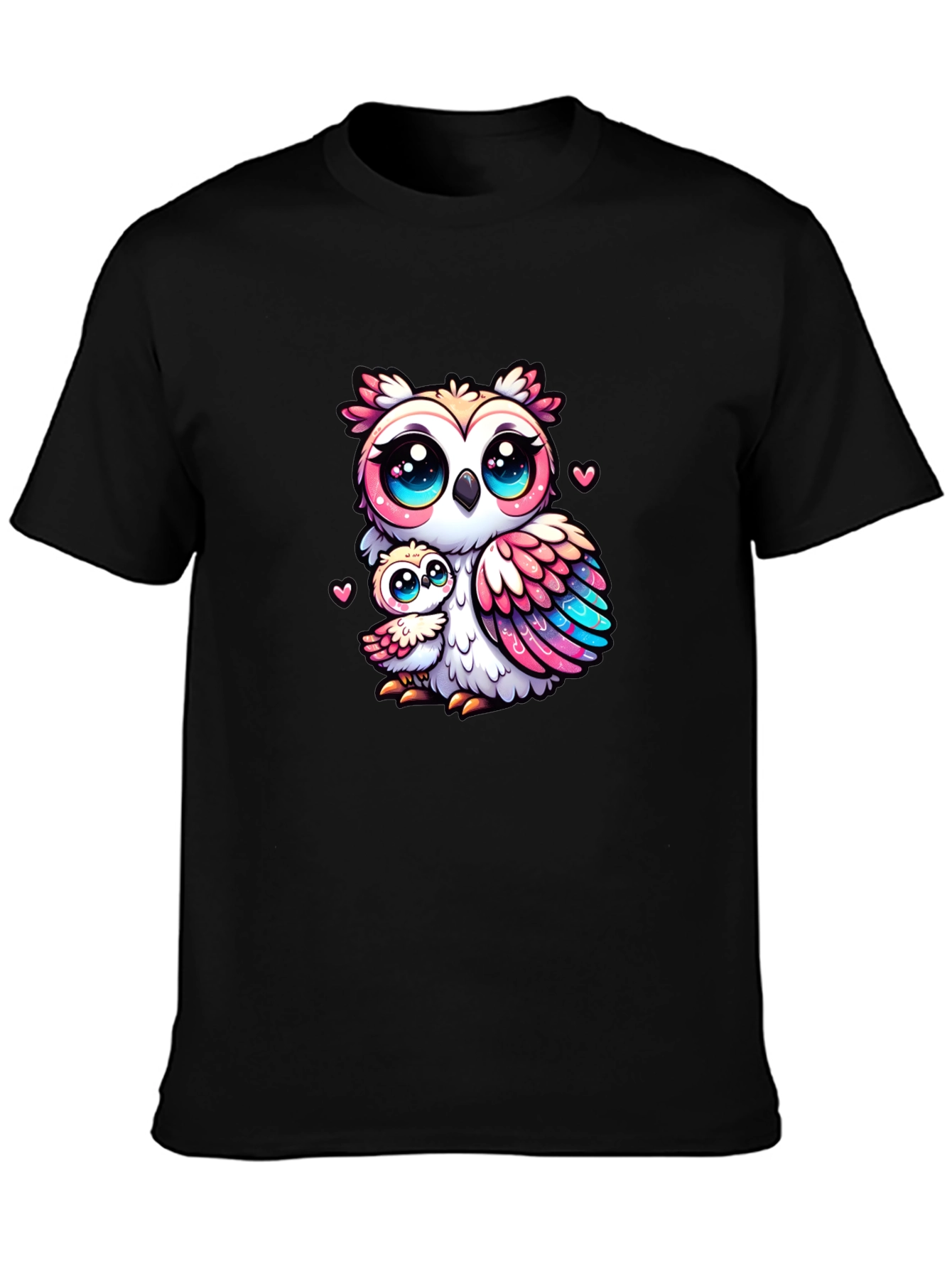 Cute Owl Family Graphic Tee - Black Cotton Shirt