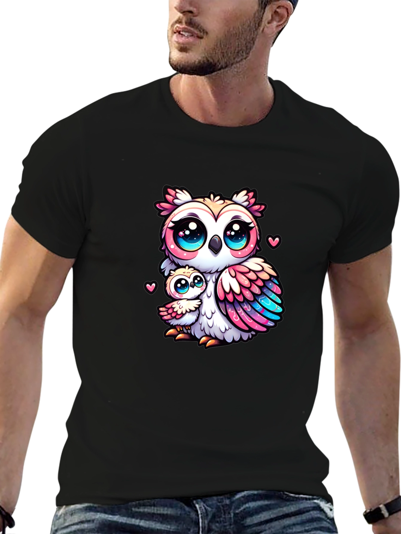 Cute Owl Family Graphic Tee - Black Cotton Shirt