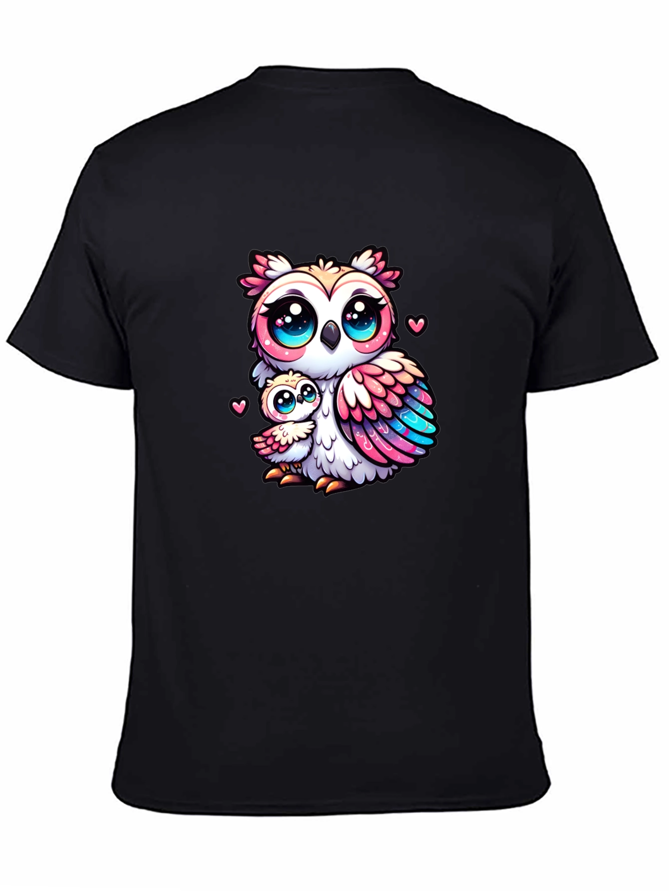 Cute Owl Family Graphic Tee - Black Cotton Shirt