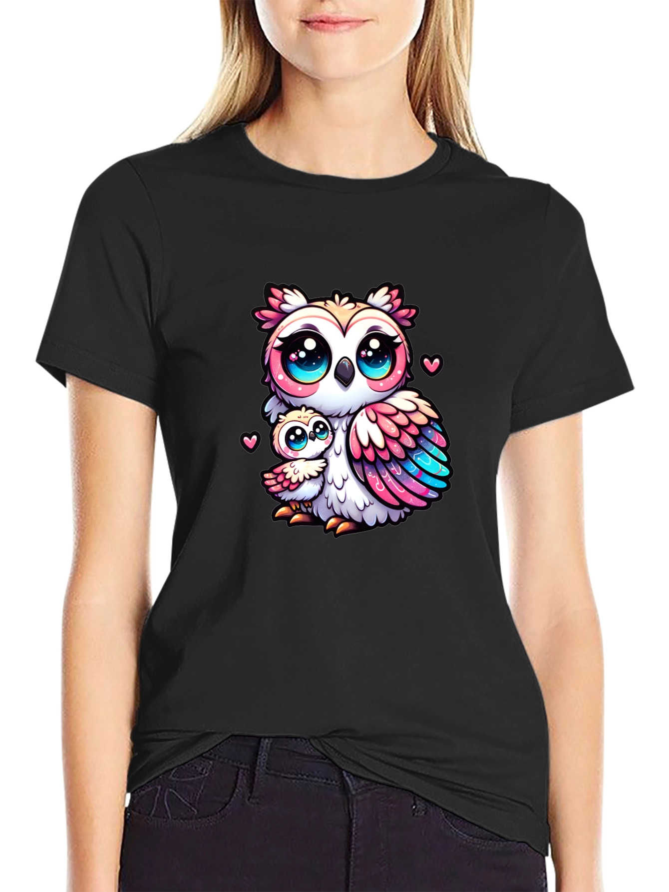 Cute Owl Family Graphic Tee - Black Cotton Shirt