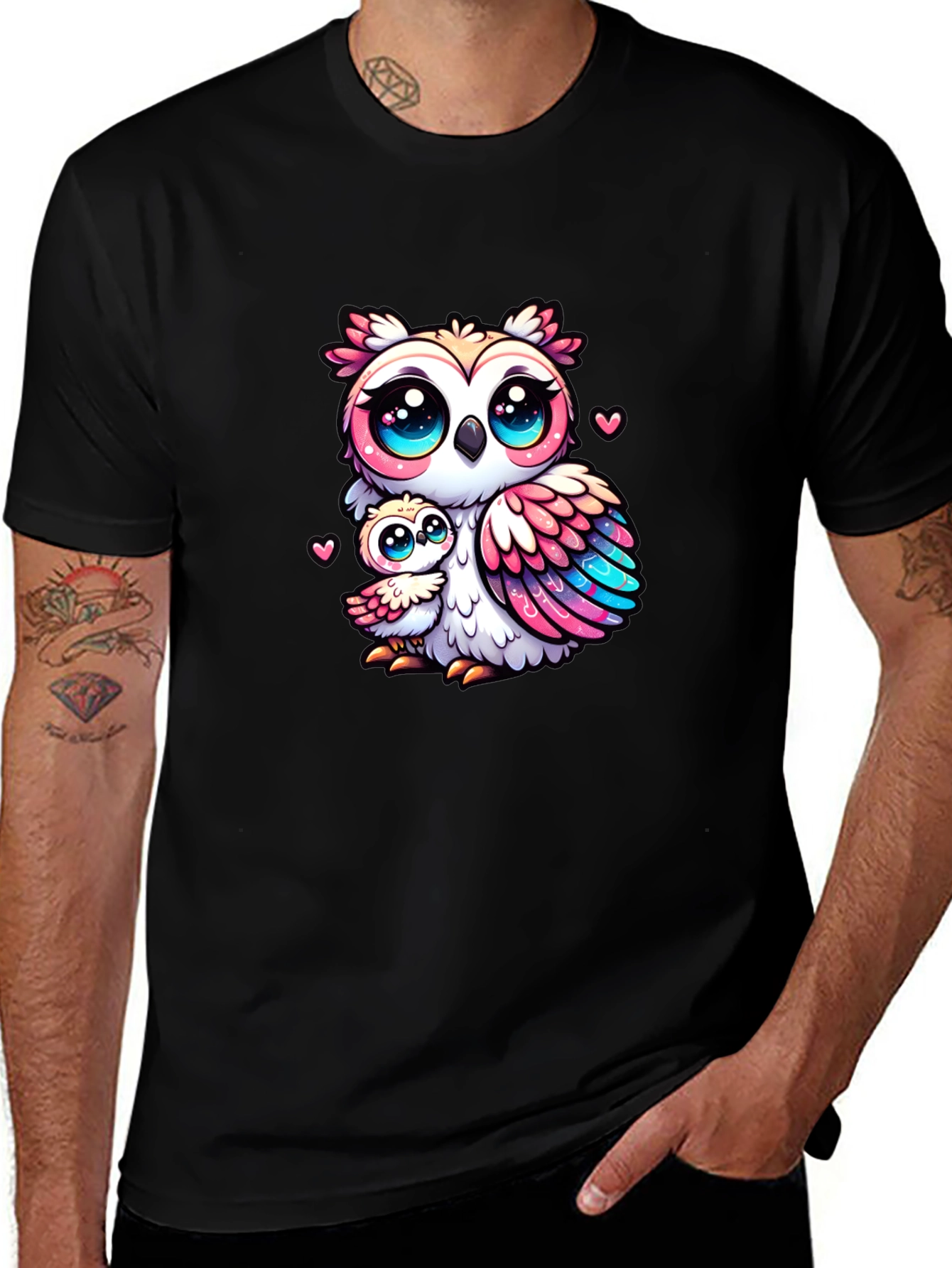 Cute Owl Family Graphic Tee - Black Cotton Shirt