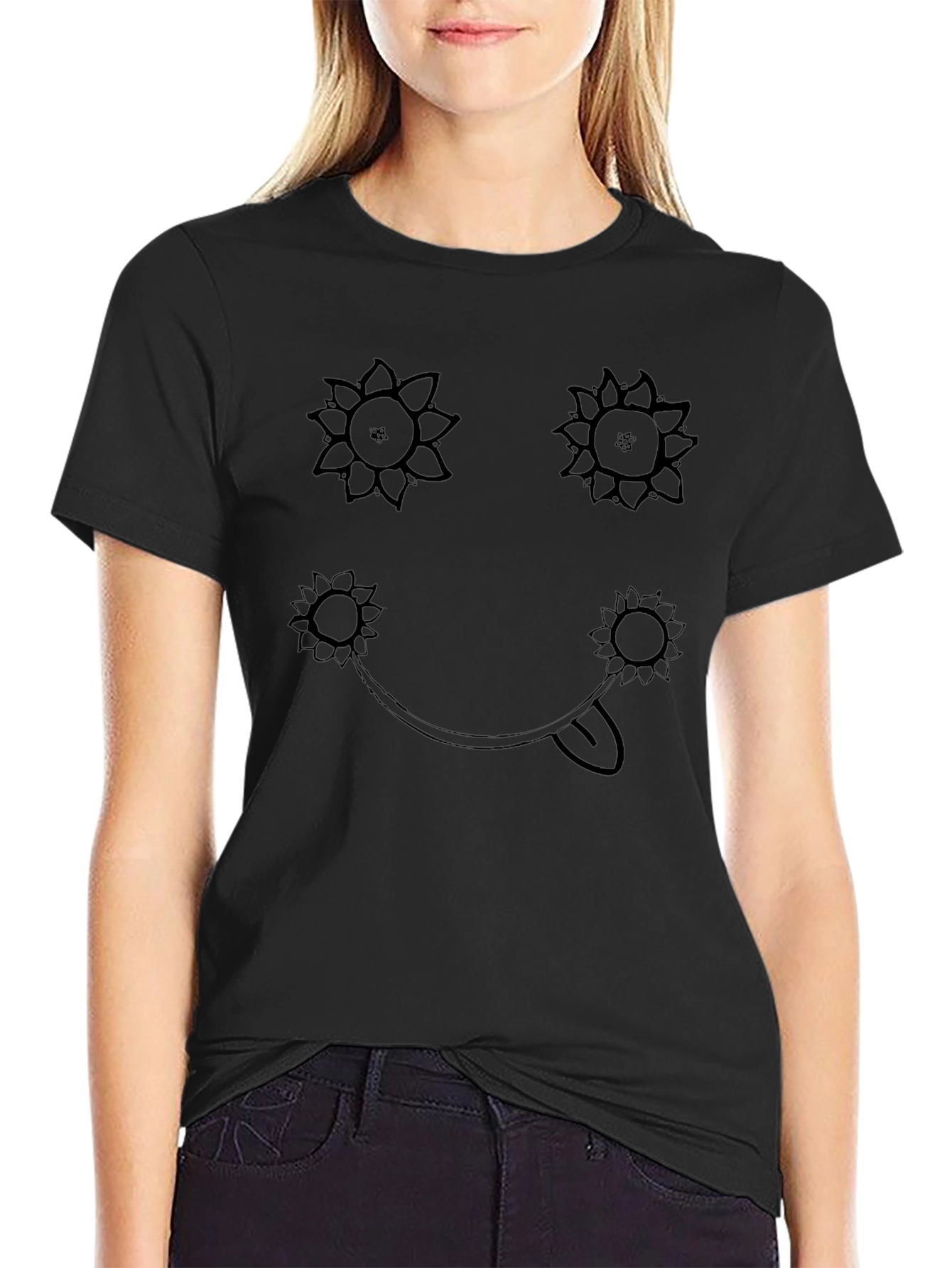 Sunflower Smiley Face Graphic Tee - Black