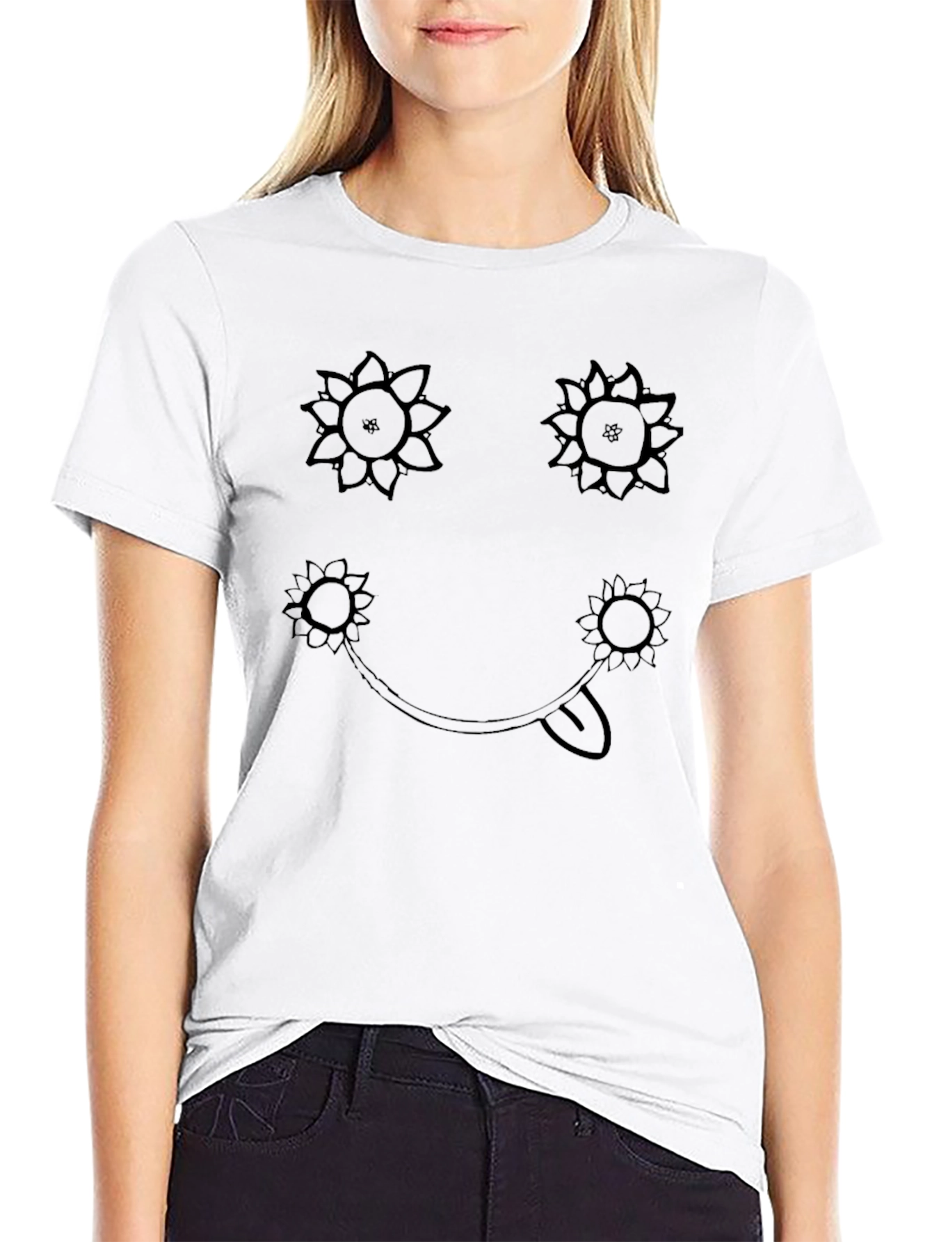 Sunflower Smiley Face Graphic Tee - Black