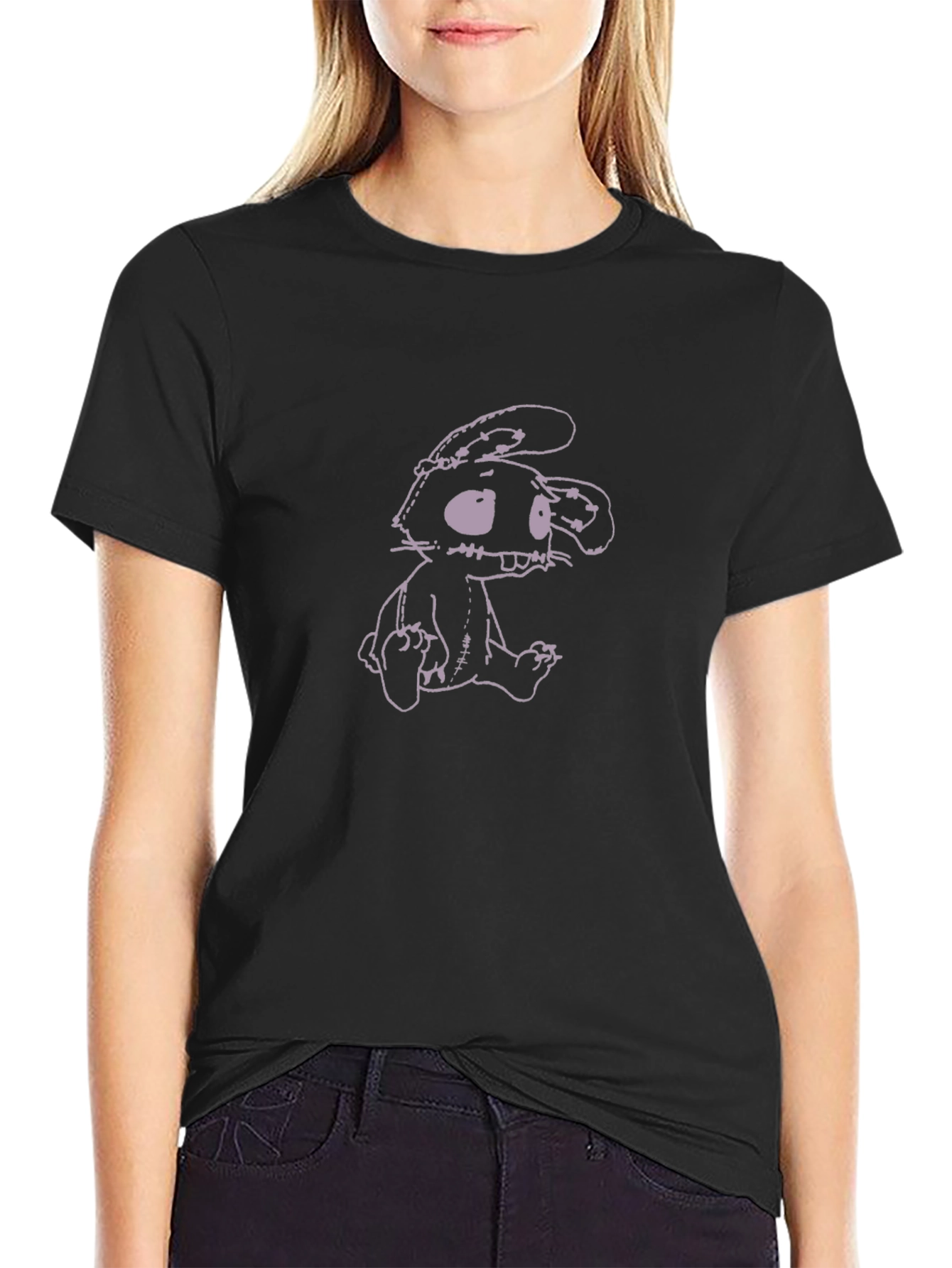 Mens Black T-Shirt with Cartoon Bunny Graphic