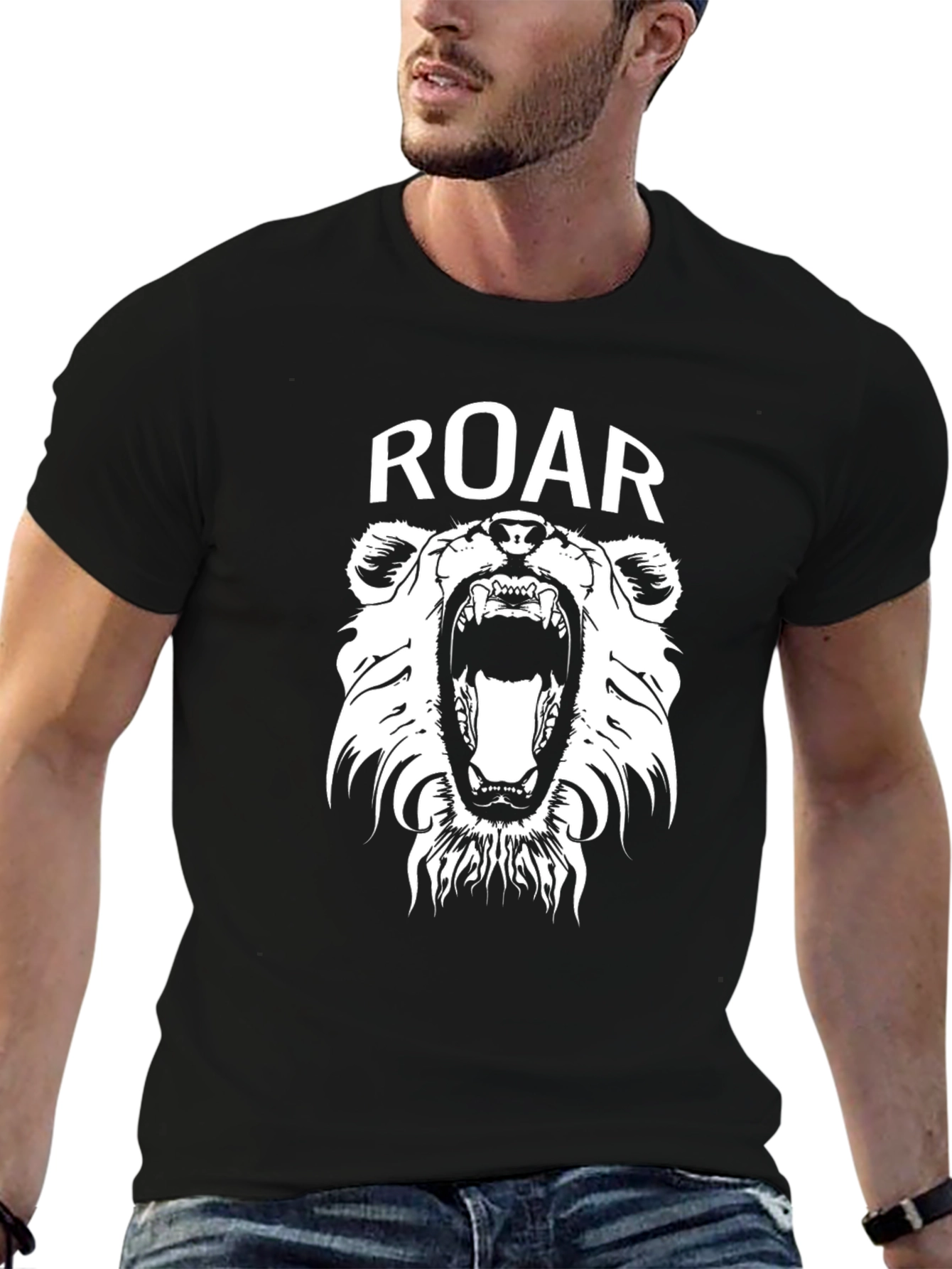 Roar Bear Graphic Tee - Black Cotton T-Shirt