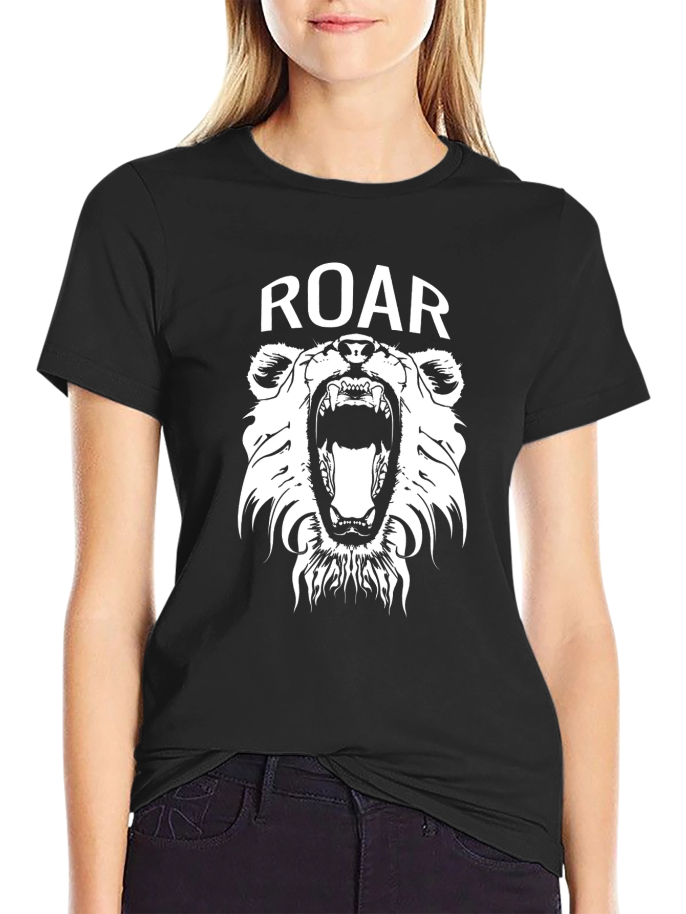 Roar Bear Graphic Tee - Black Cotton T-Shirt
