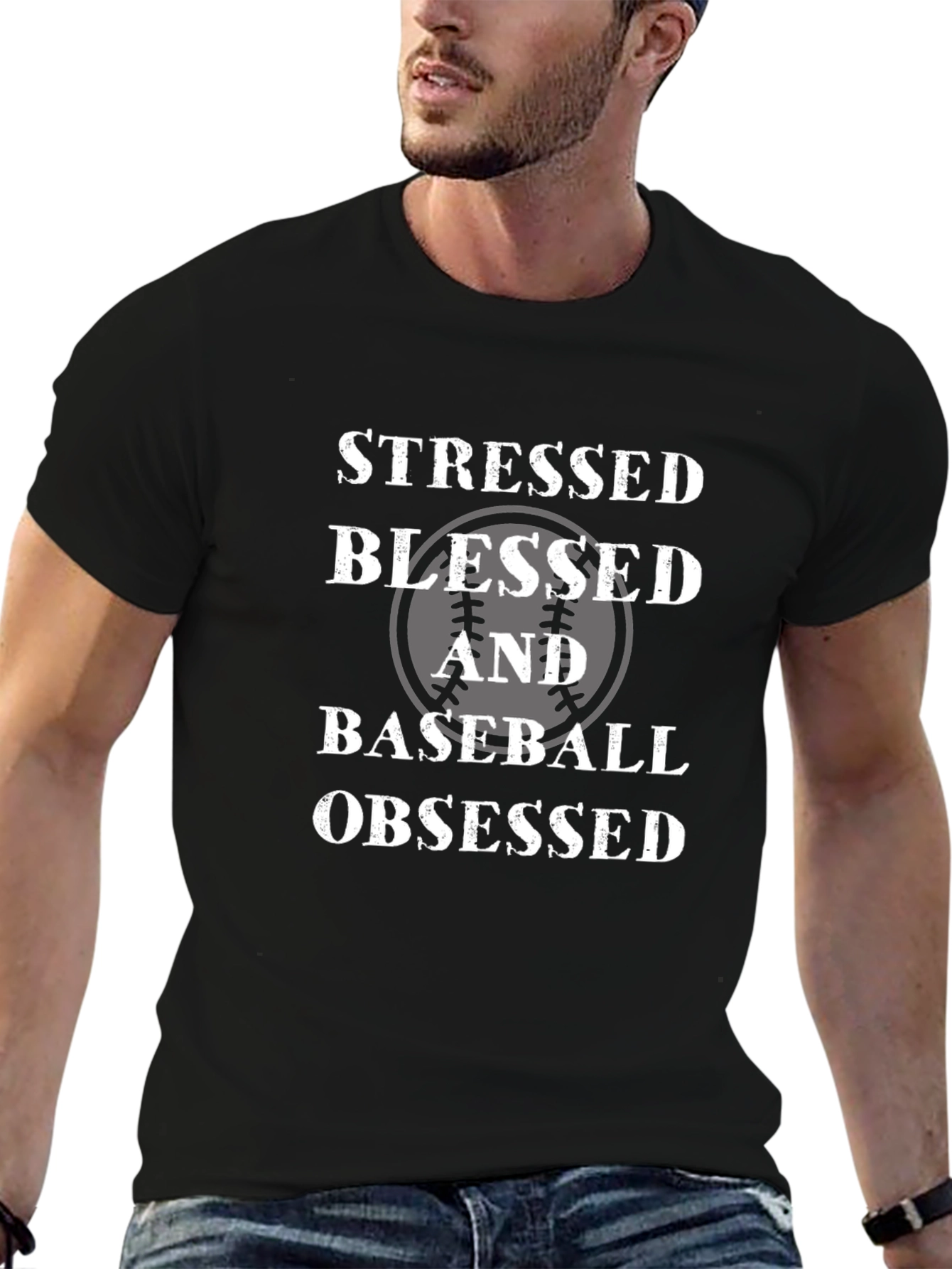 Stressed Blessed Baseball Obsessed Black T-Shirt