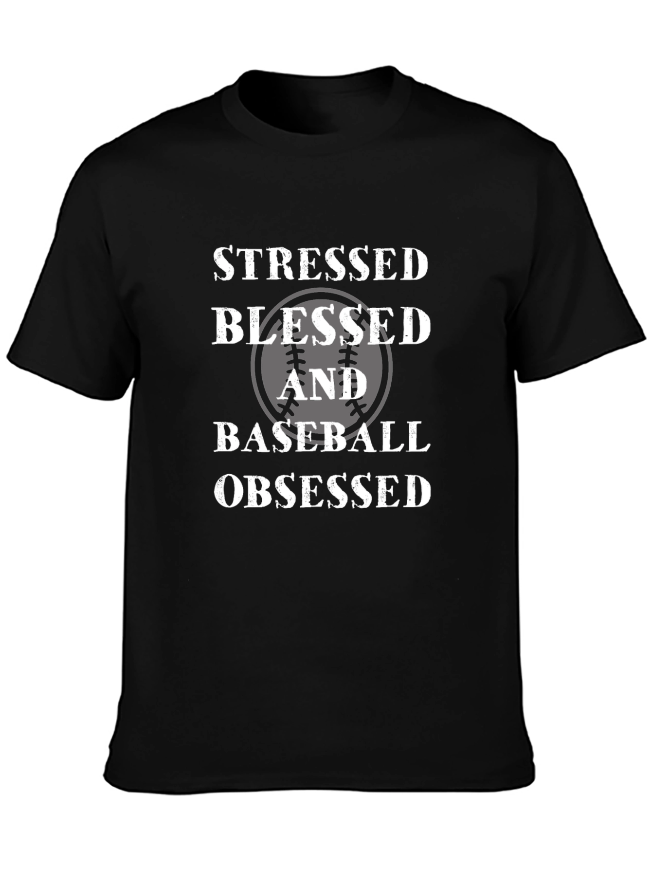 Stressed Blessed Baseball Obsessed Black T-Shirt