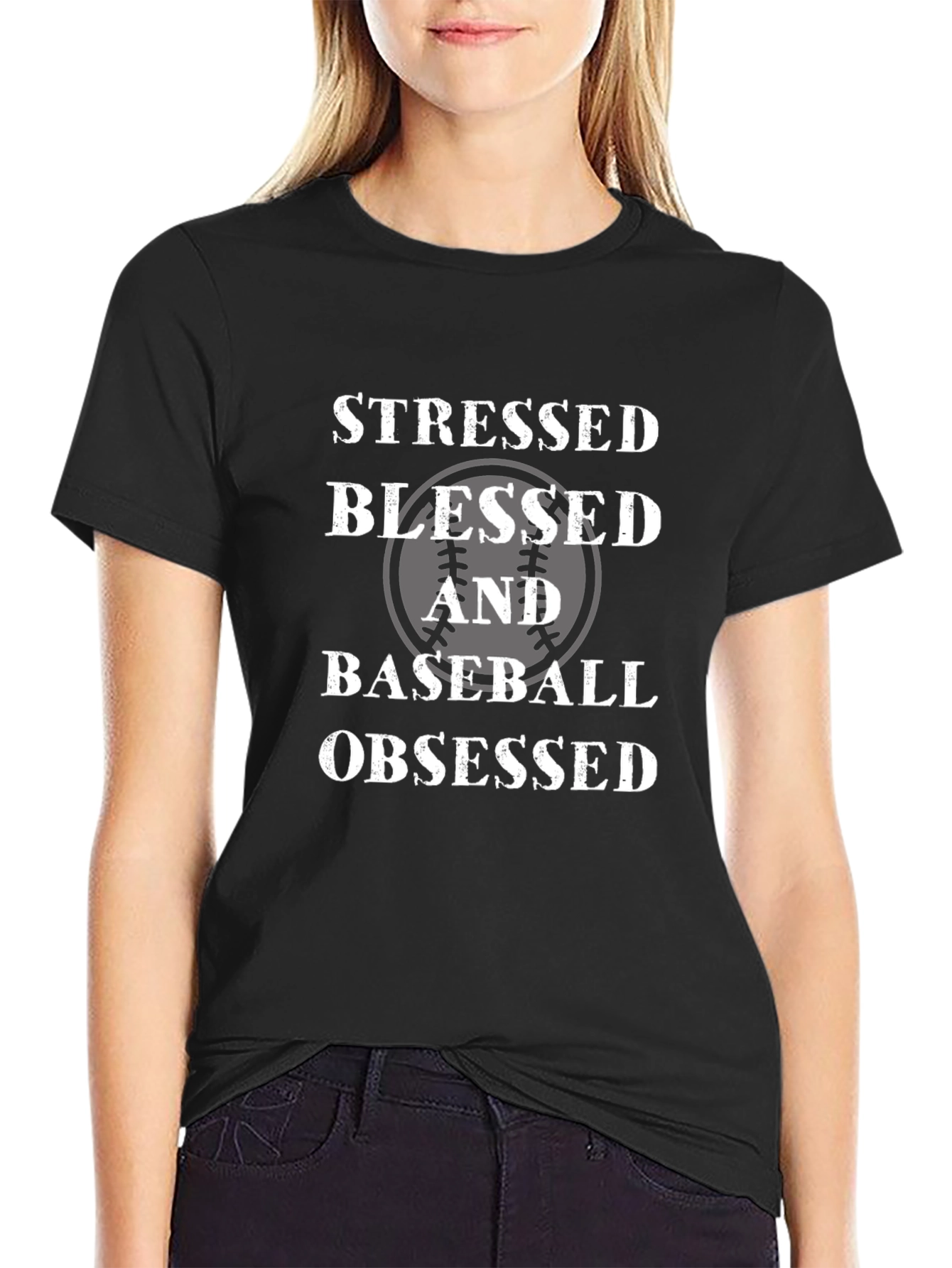 Stressed Blessed Baseball Obsessed Black T-Shirt