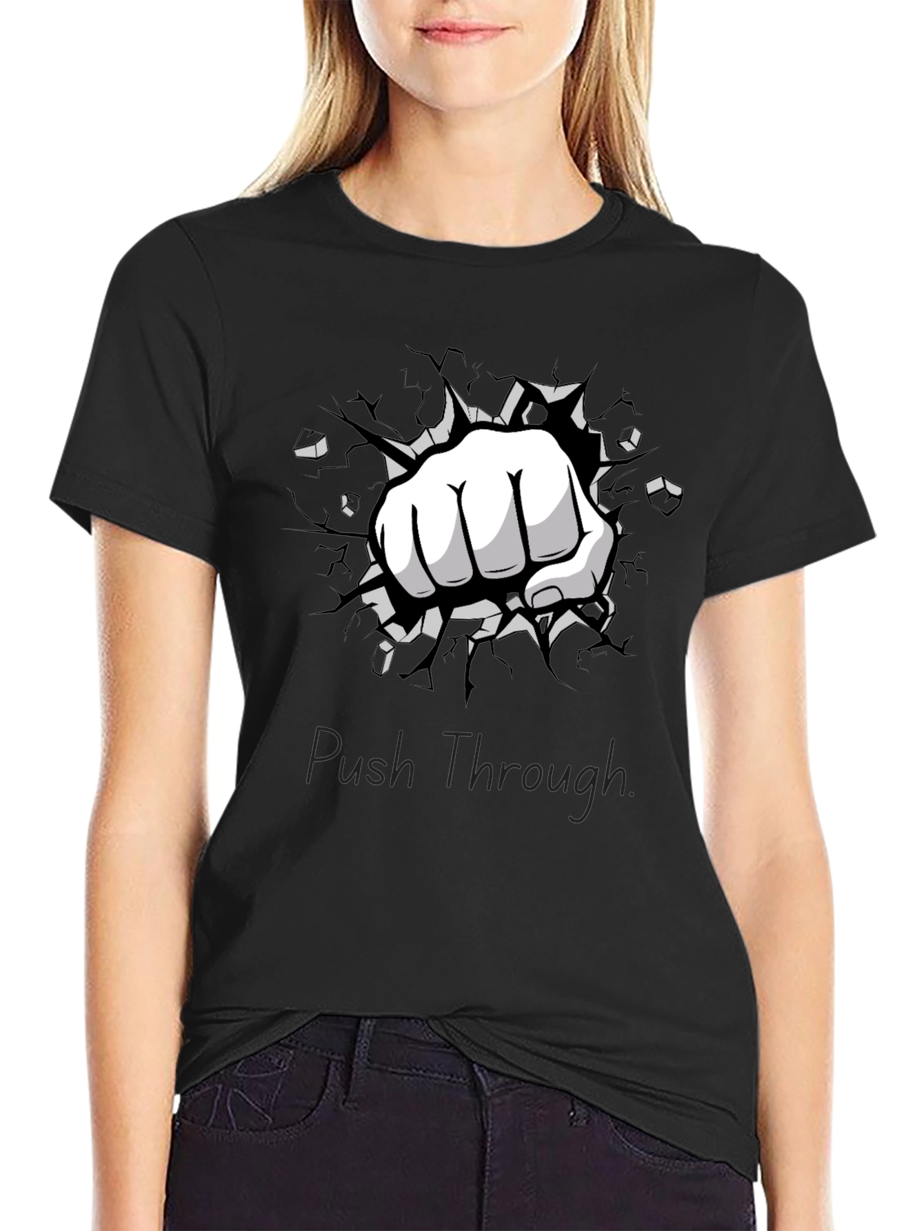 Push Through Graphic Black T-Shirt - Strength & Motivation