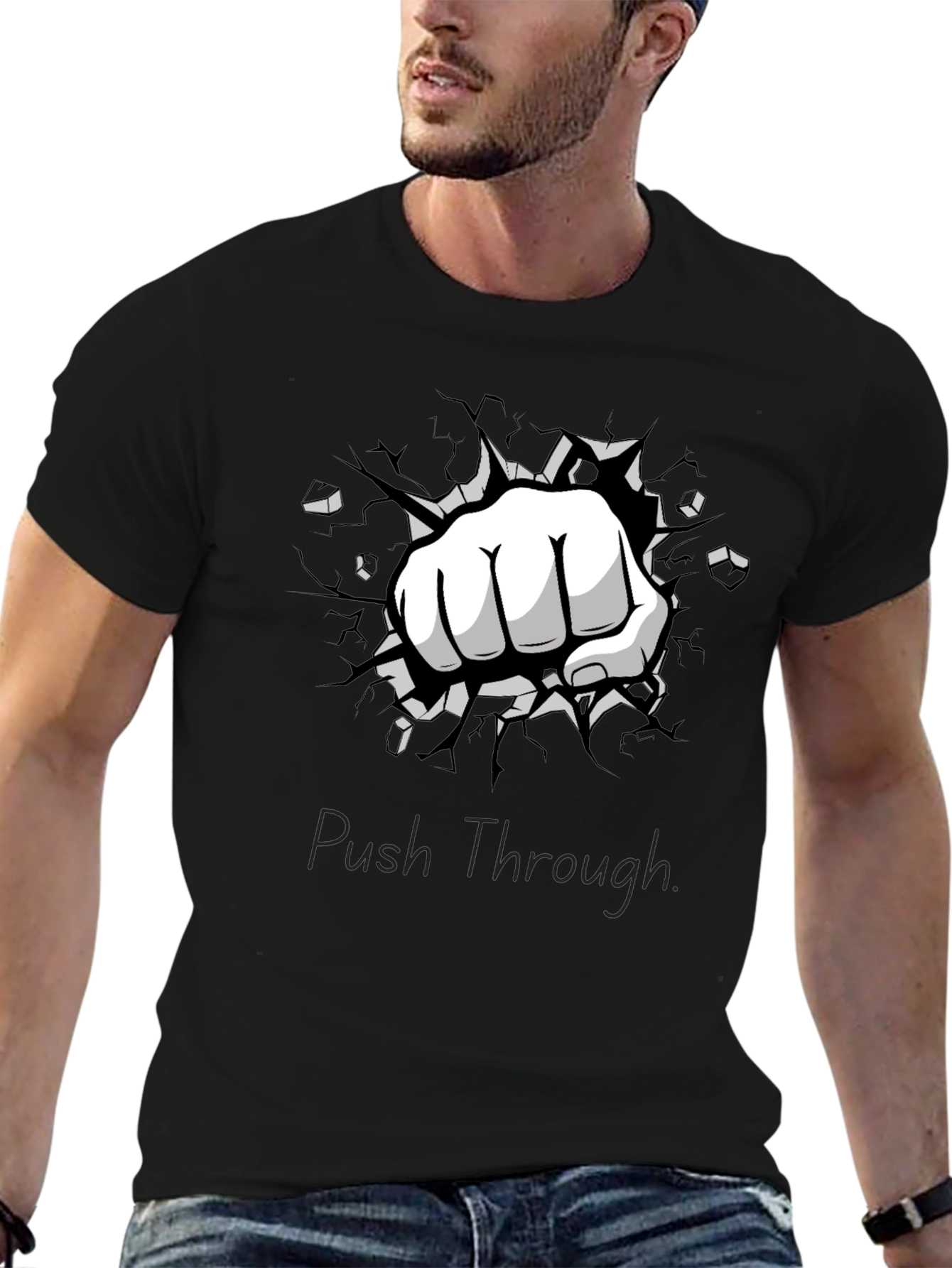 Push Through Graphic Black T-Shirt - Strength & Motivation