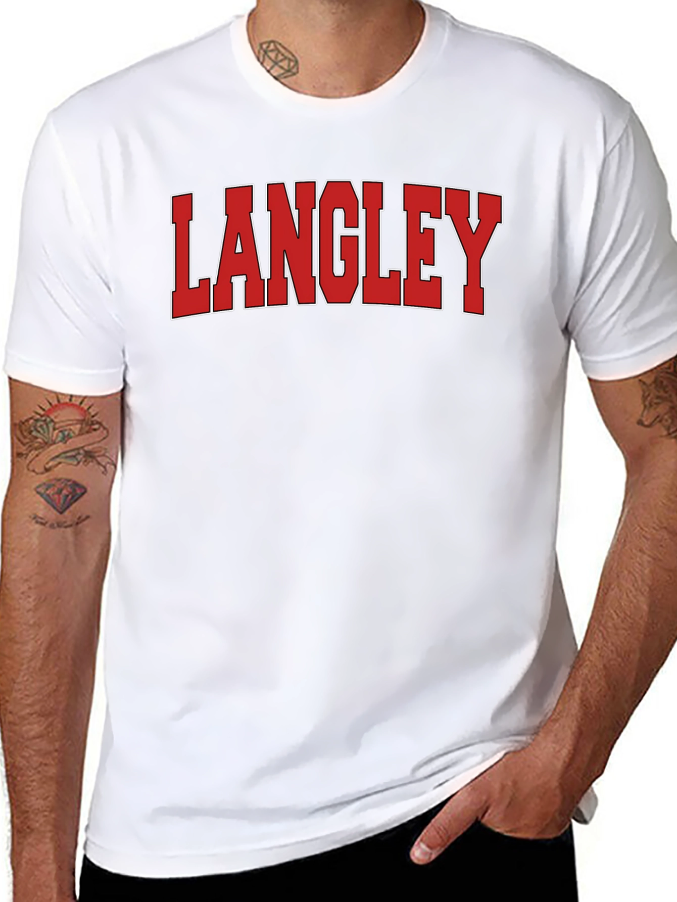 Langley T-Shirt: Red & White Varsity Lettering on Black