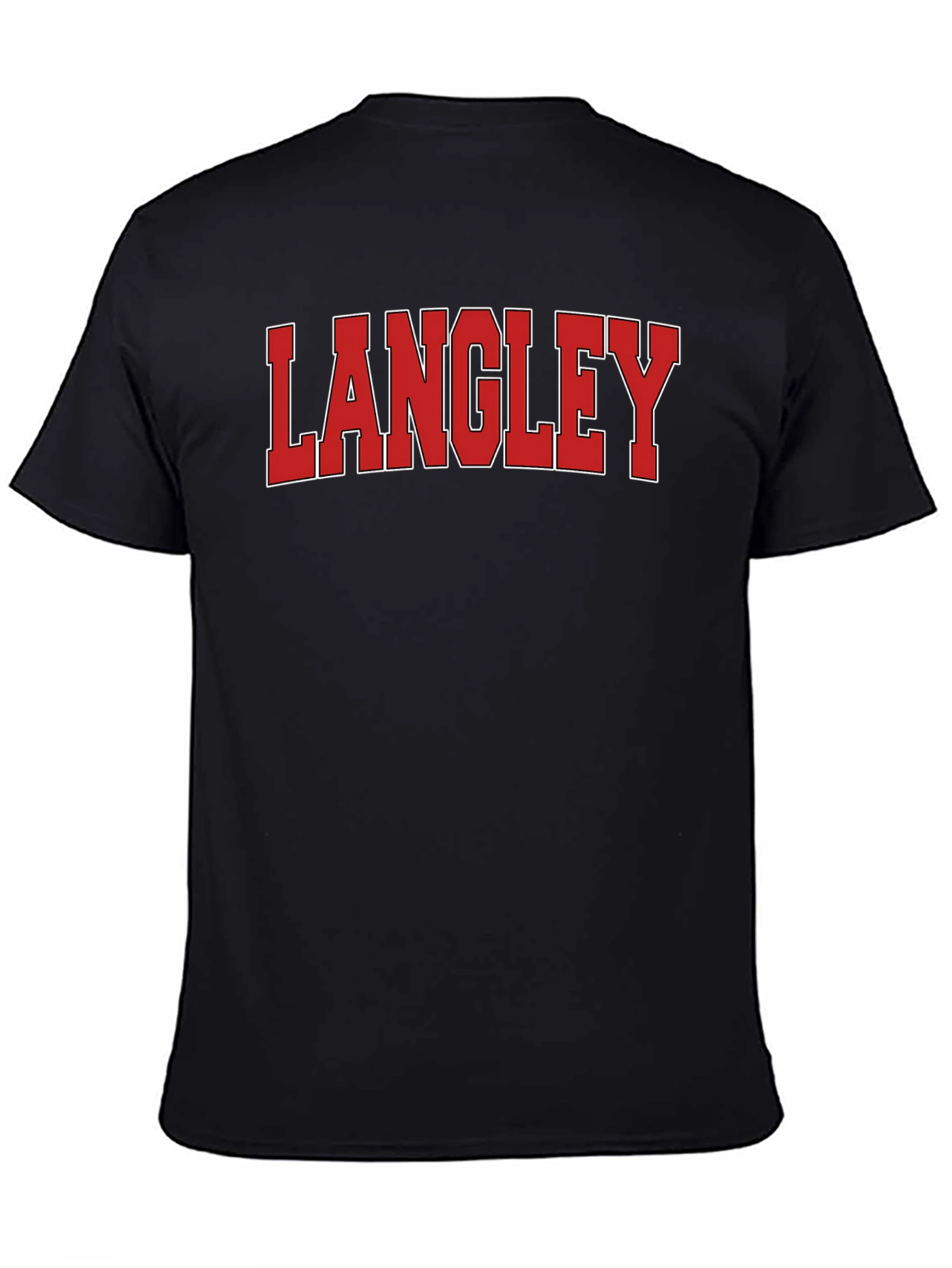 Langley T-Shirt: Red & White Varsity Lettering on Black