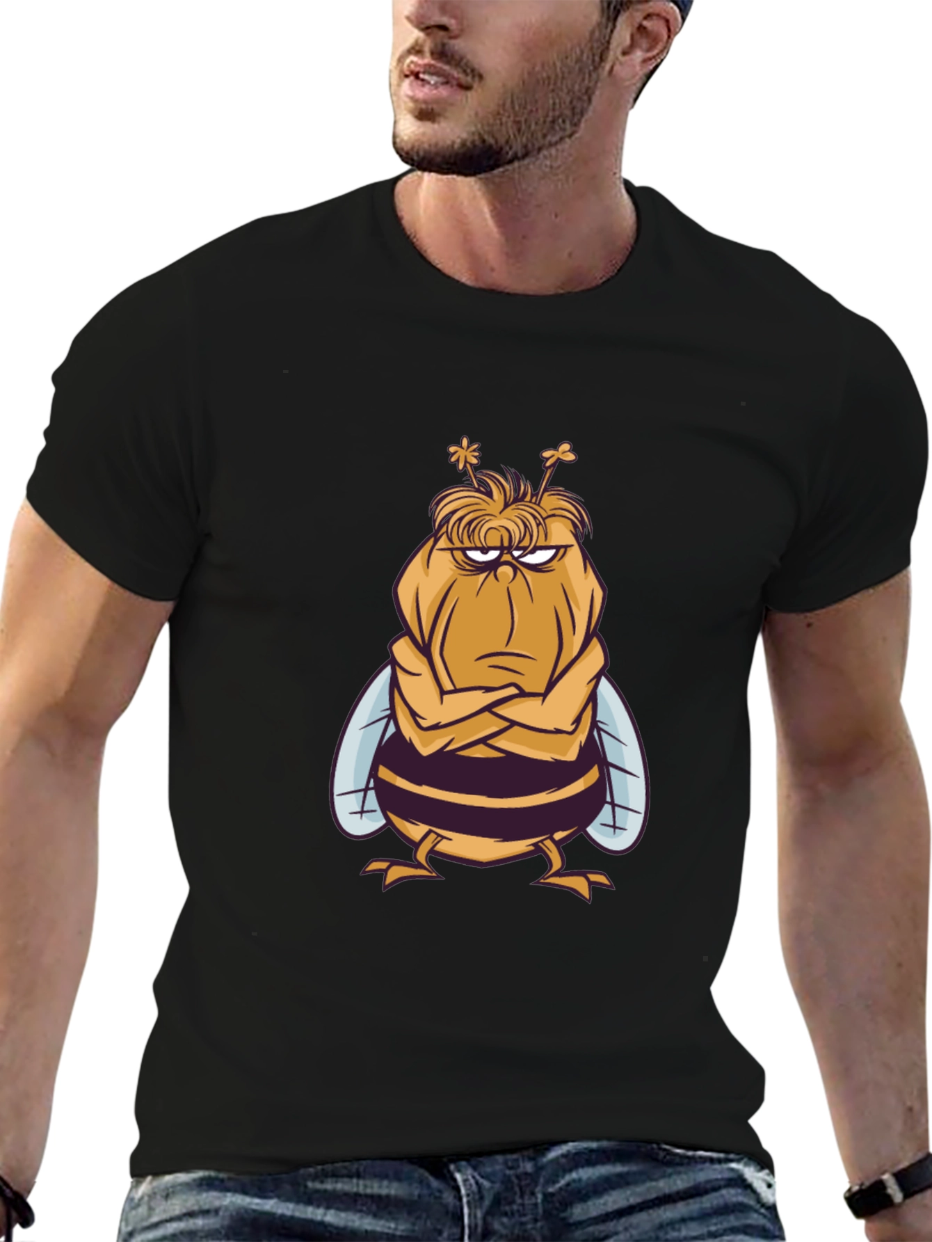 Grumpy Bee Graphic Tee - Mens Black Cotton T-Shirt