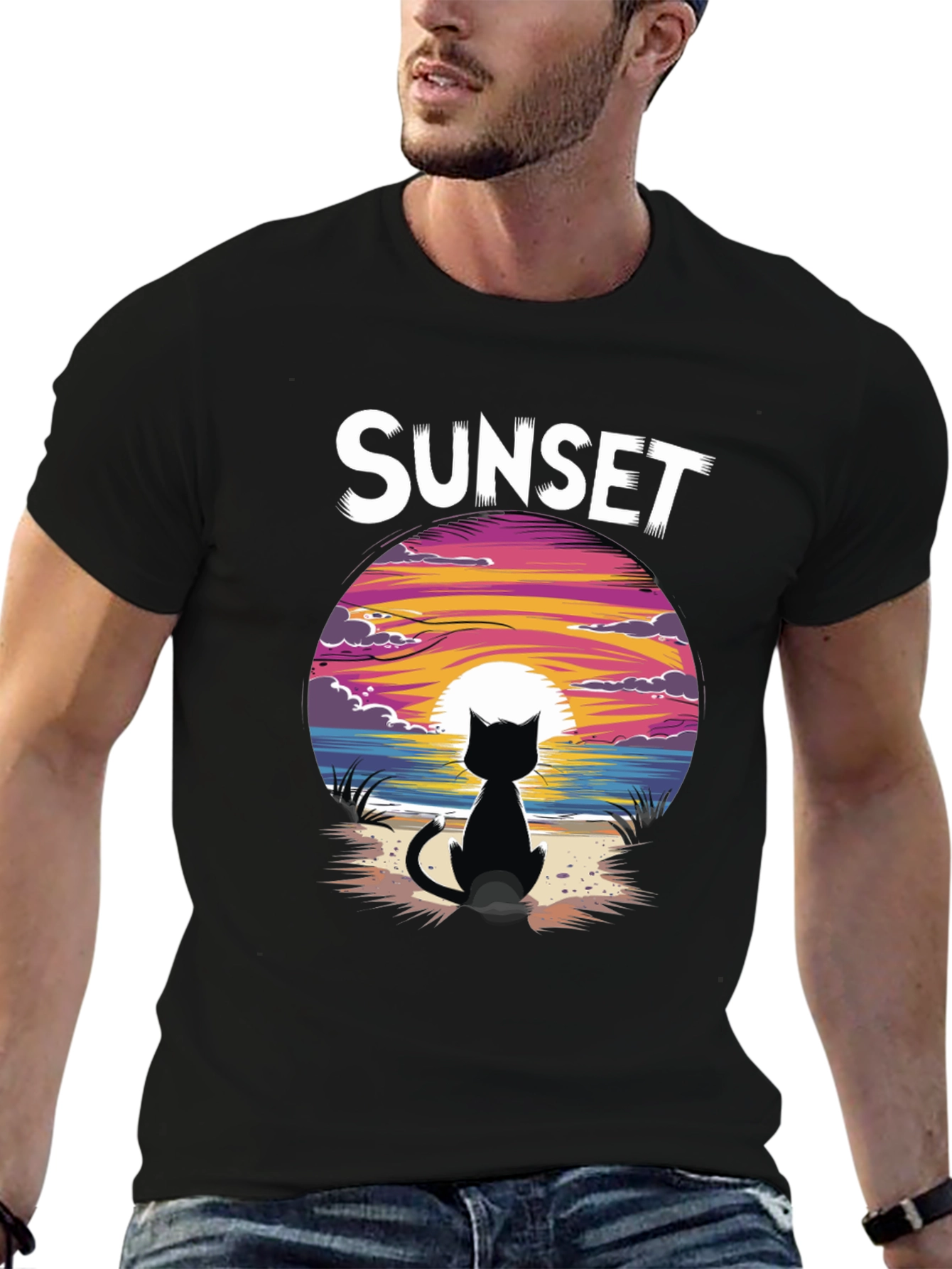 Sunset Cat Graphic Tee - Stylish Unisex Cotton T-Shirt