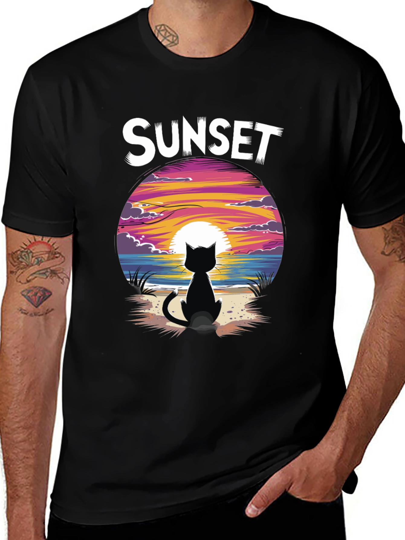 Sunset Cat Graphic Tee - Stylish Unisex Cotton T-Shirt