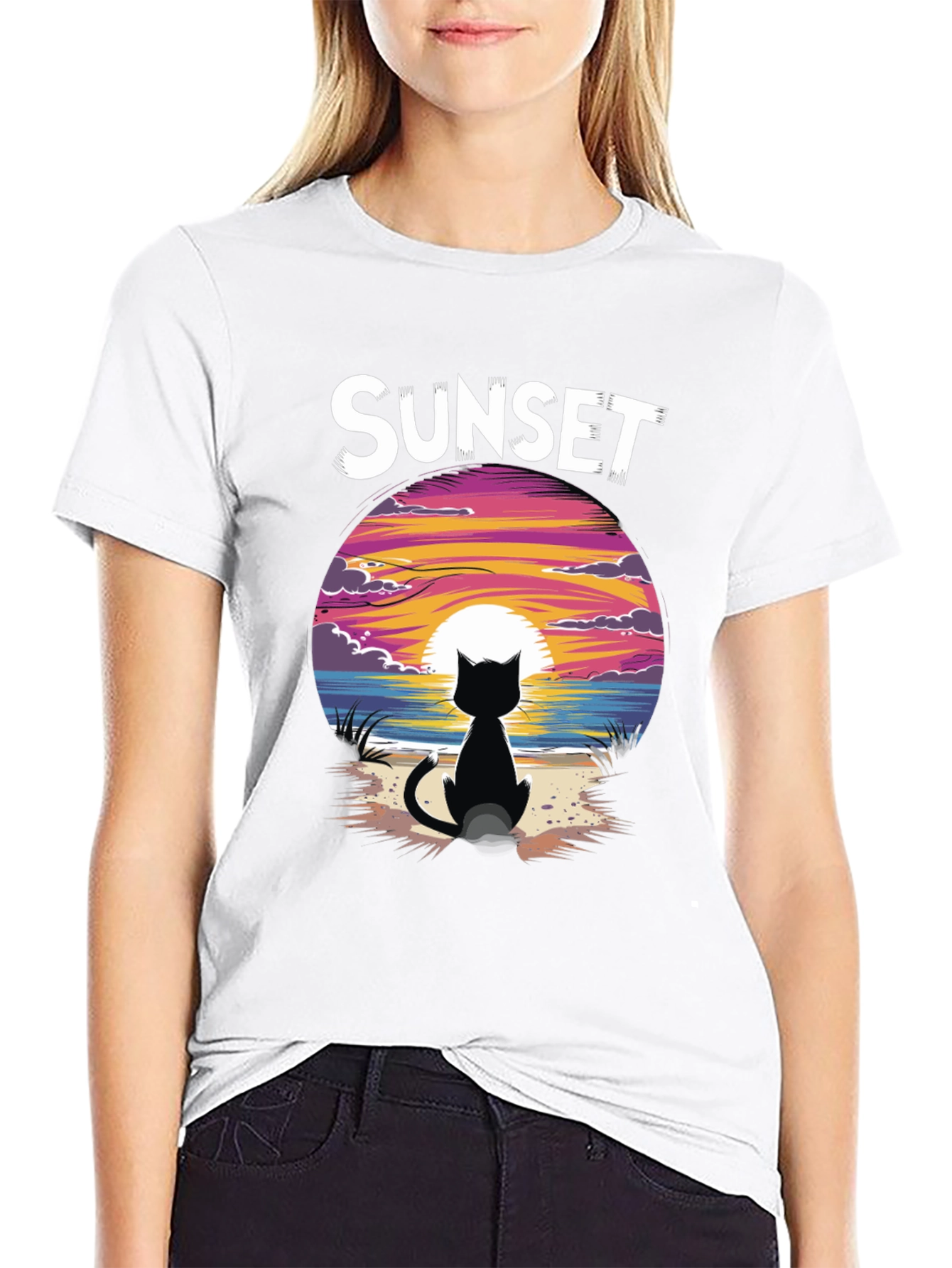 Sunset Cat Graphic Tee - Stylish Unisex Cotton T-Shirt