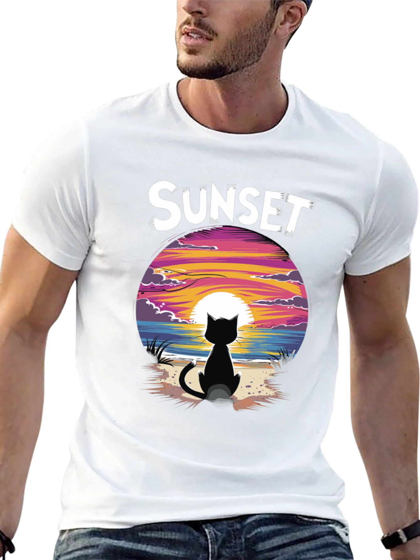 Sunset Cat Graphic Tee - Stylish Unisex Cotton T-Shirt