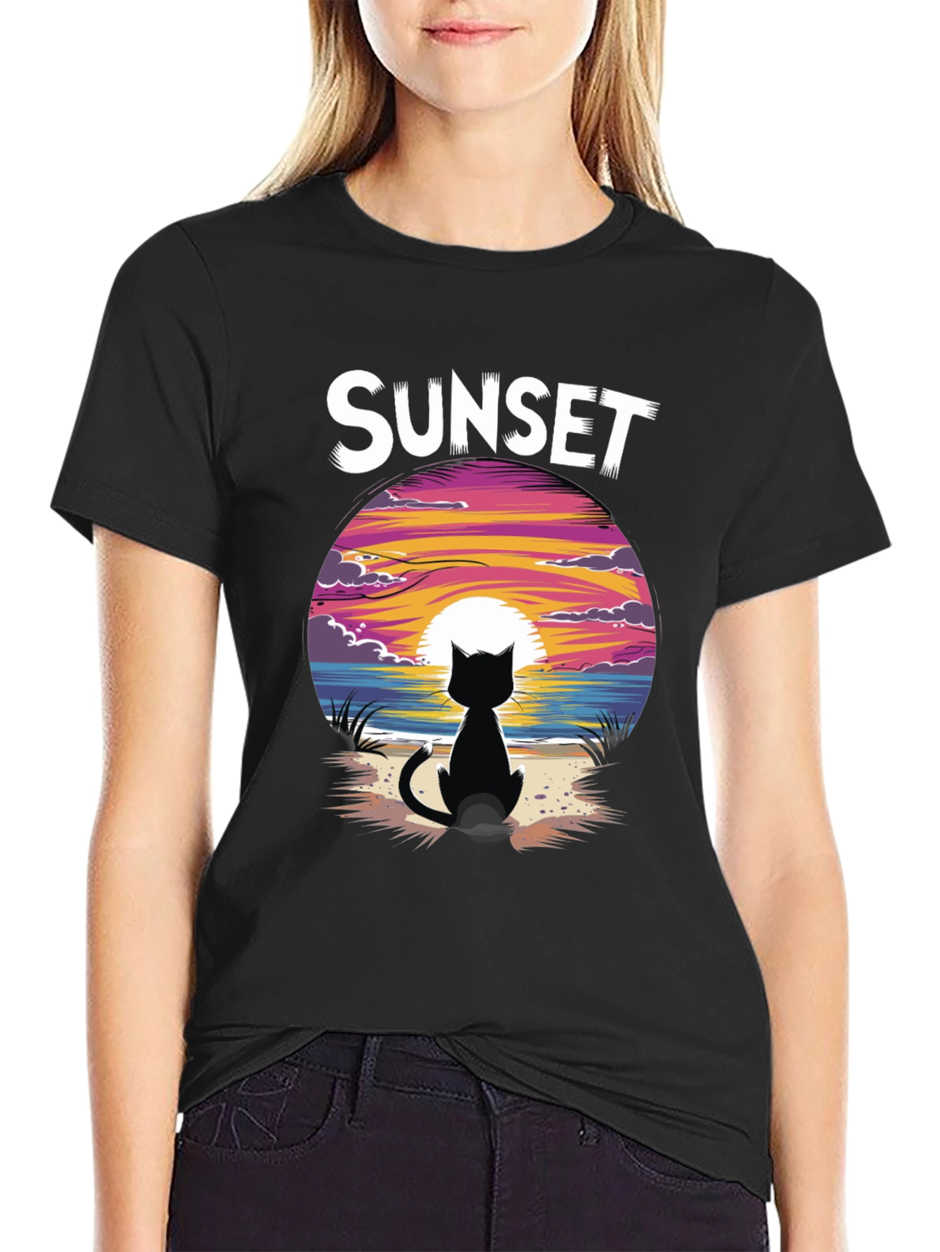 Sunset Cat Graphic Tee - Stylish Unisex Cotton T-Shirt
