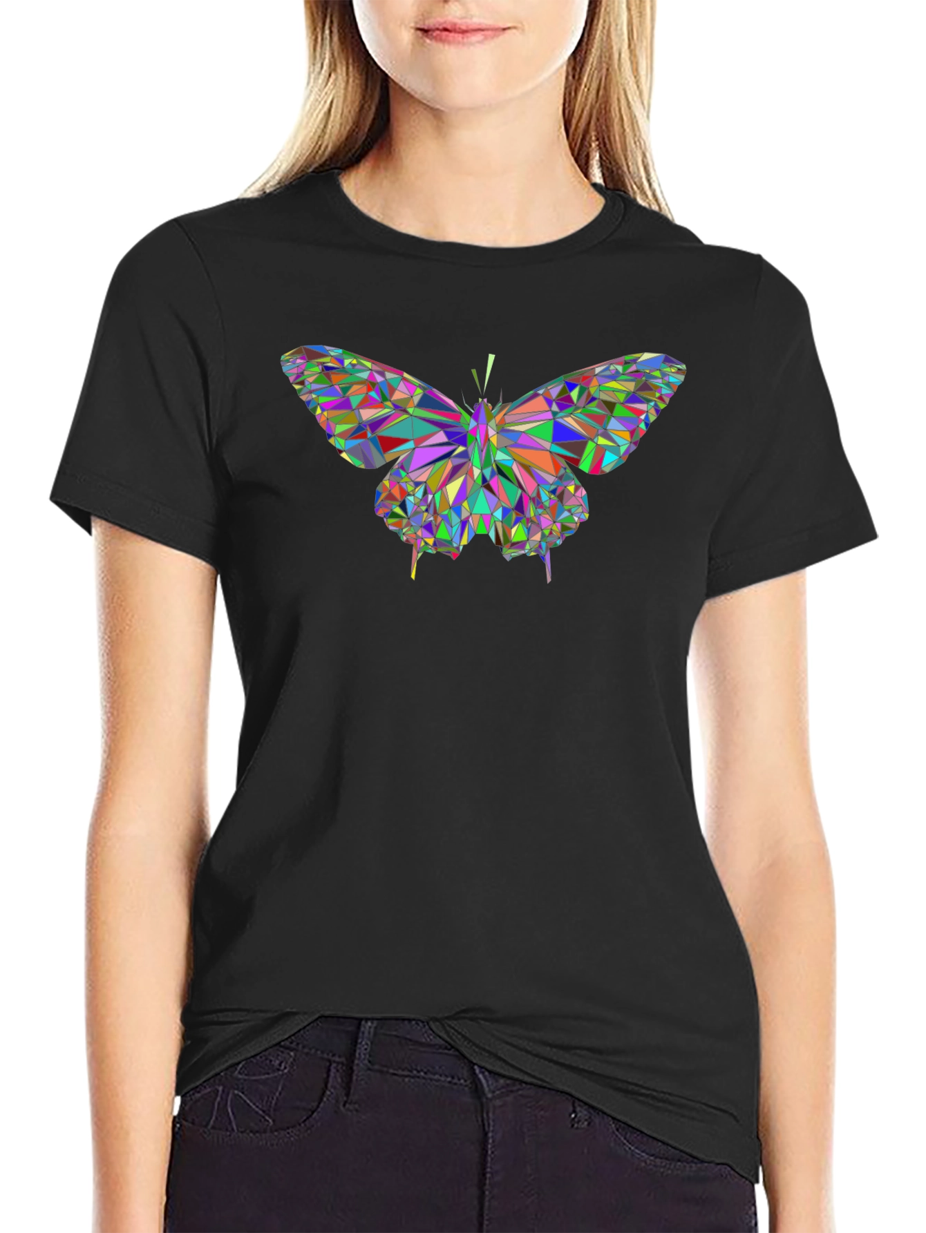Geometric Butterfly Print Black T-Shirt