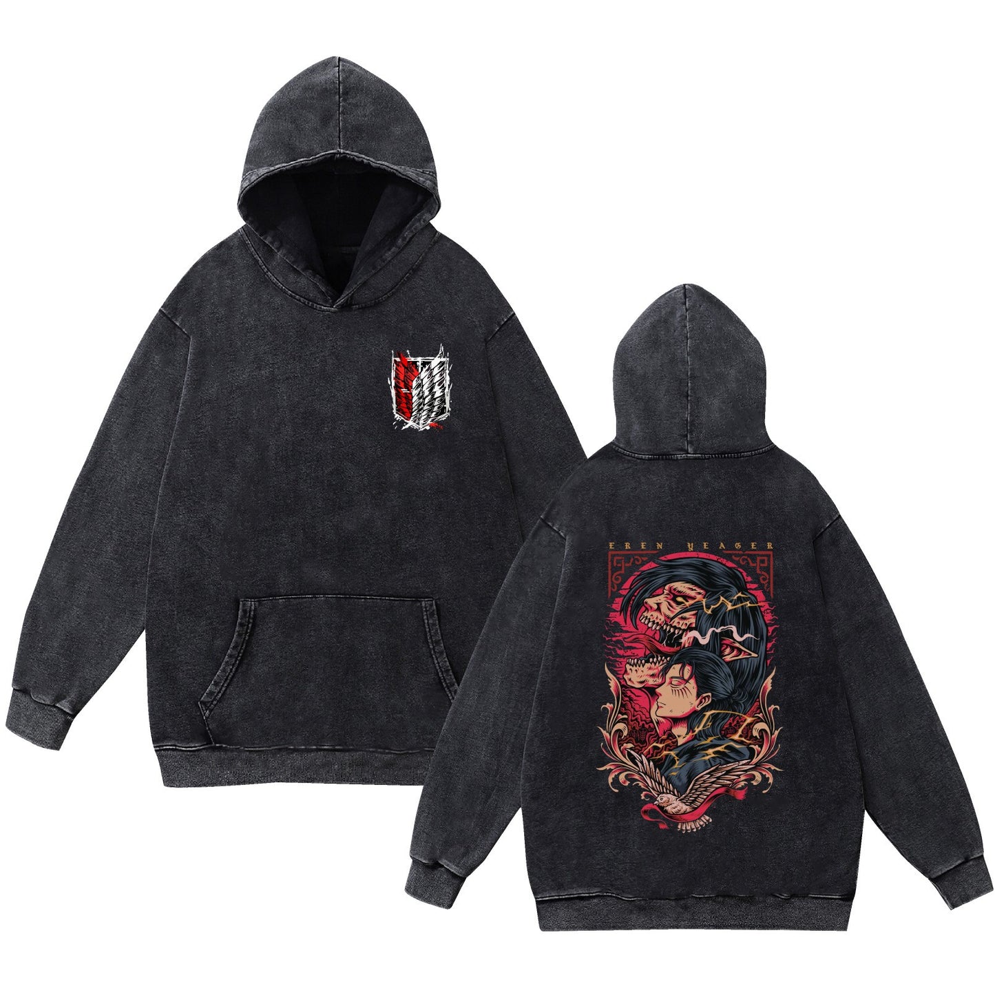 Washed Vintage Pure Cotton Anime Attack on Titan Hooded Sweatshirt