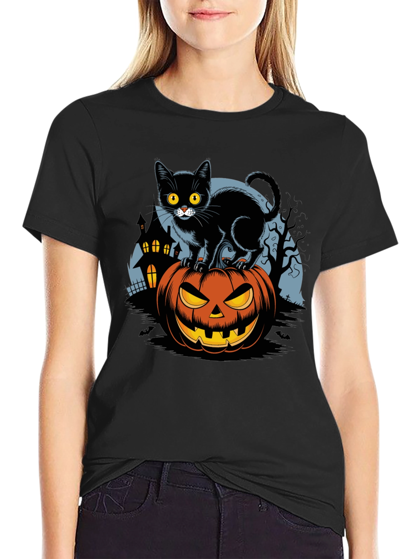 Halloween Cat on Pumpkin Graphic Tee
