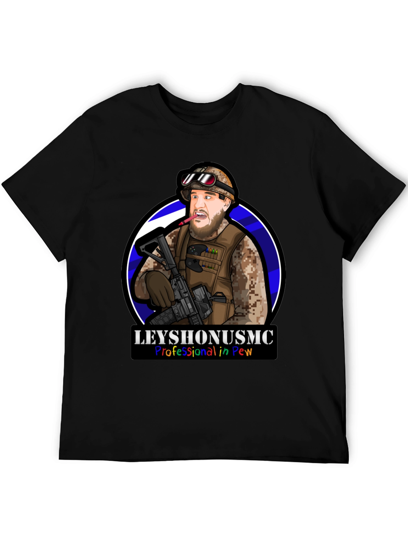 LeyshOnUSMC Pro in Pew T-Shirt - Military Cartoon