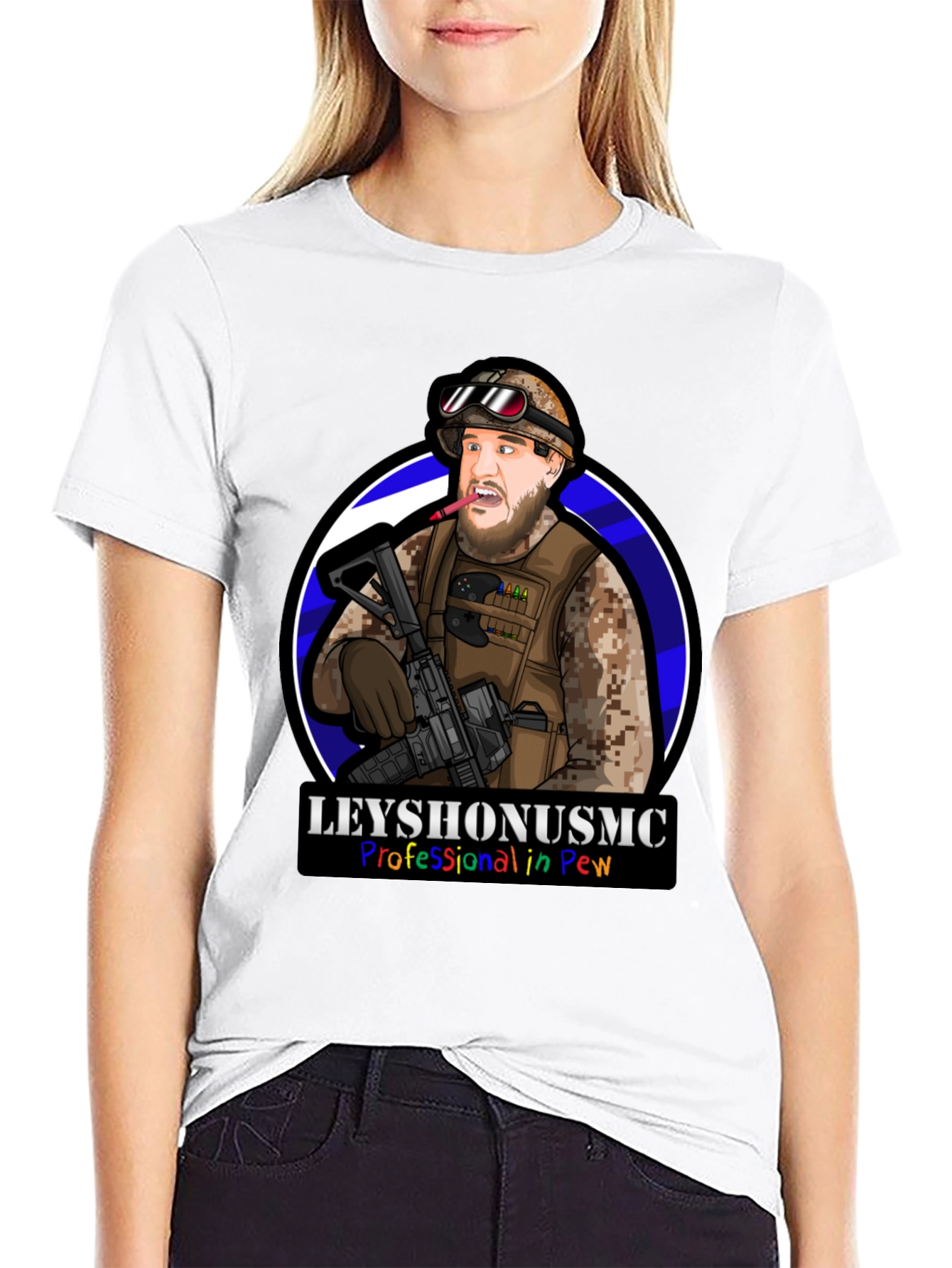 LeyshOnUSMC Pro in Pew T-Shirt - Military Cartoon