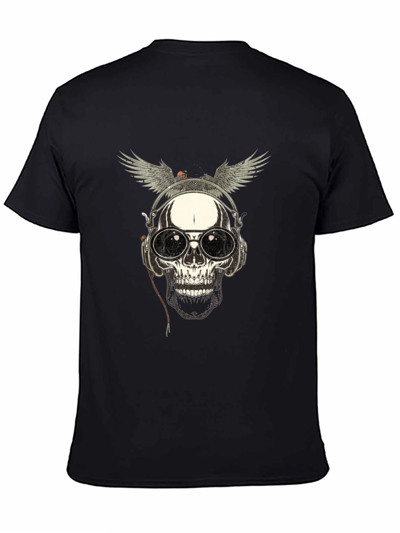 Skull with Wings & Headphones Graphic Tee - Black