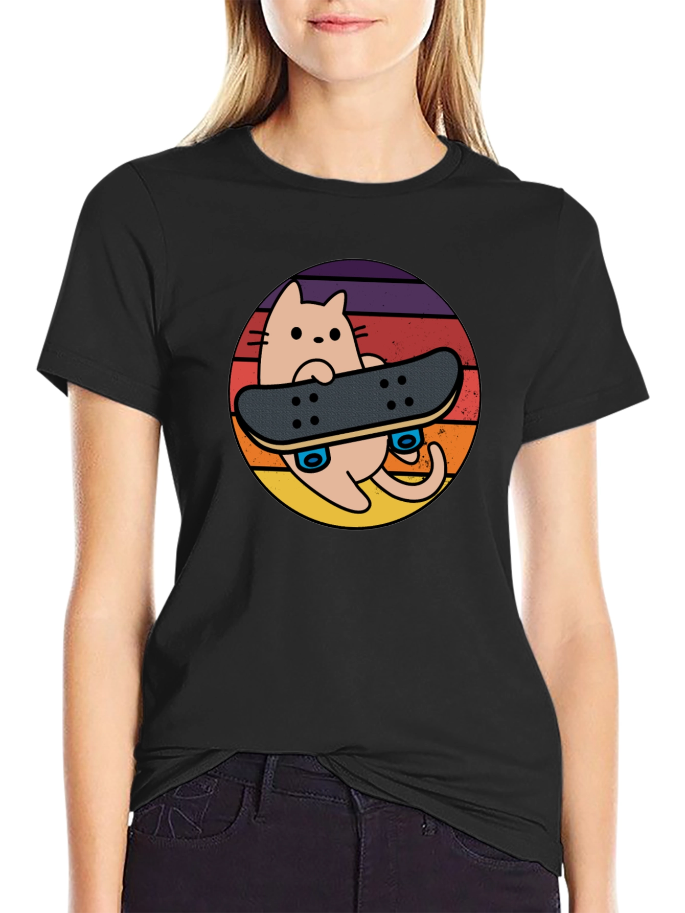 Cool Cat Skateboard T-Shirt - Retro Sunset Design