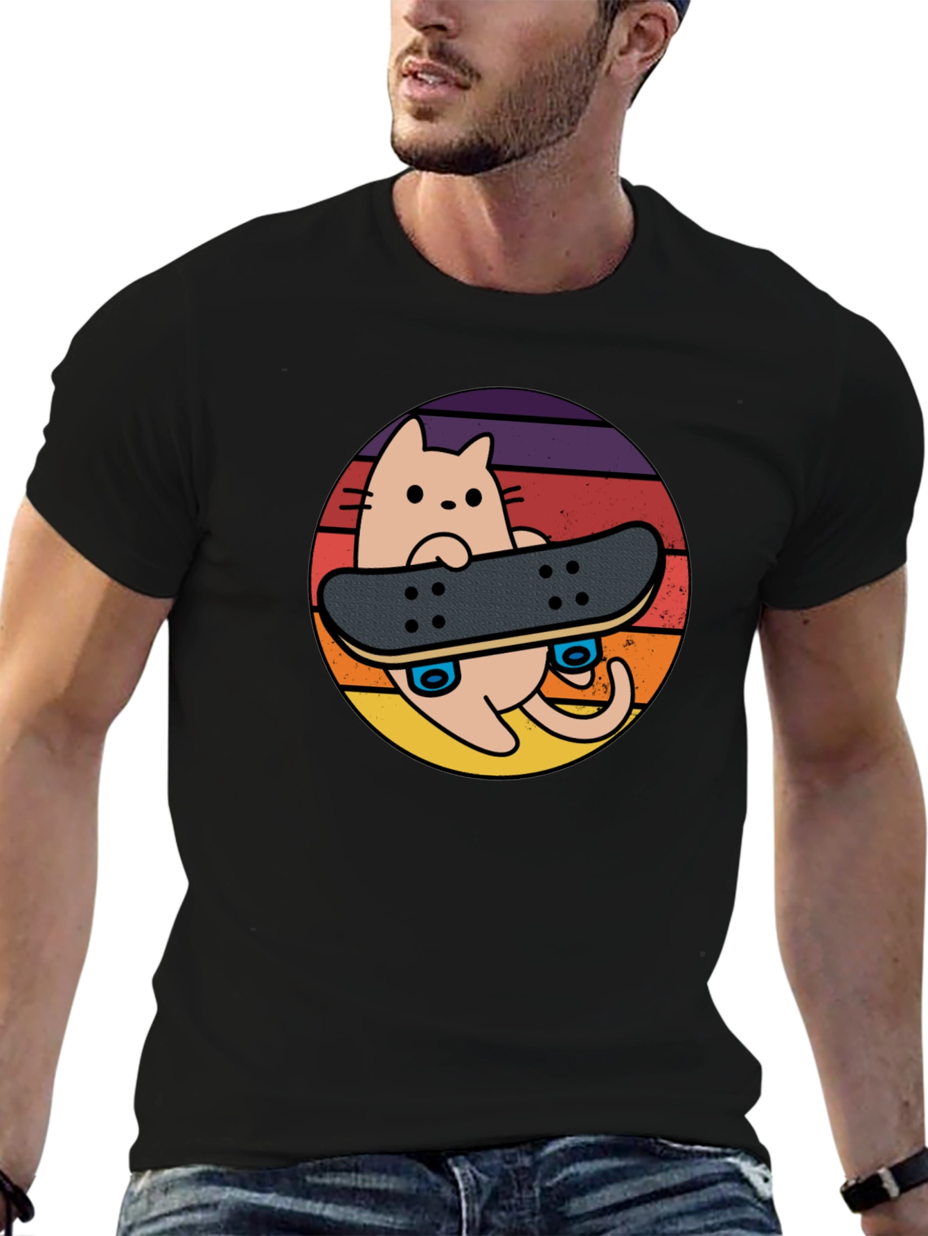 Cool Cat Skateboard T-Shirt - Retro Sunset Design