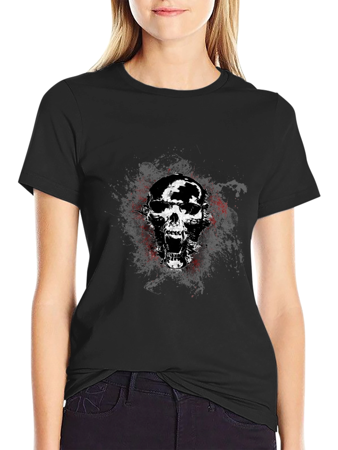 Edgy Skull Graphic Tee - Black Cotton Blend T-Shirt