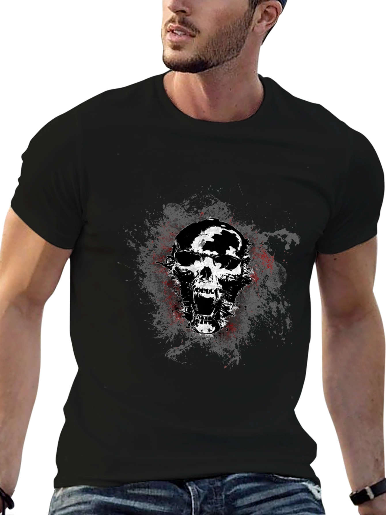 Edgy Skull Graphic Tee - Black Cotton Blend T-Shirt