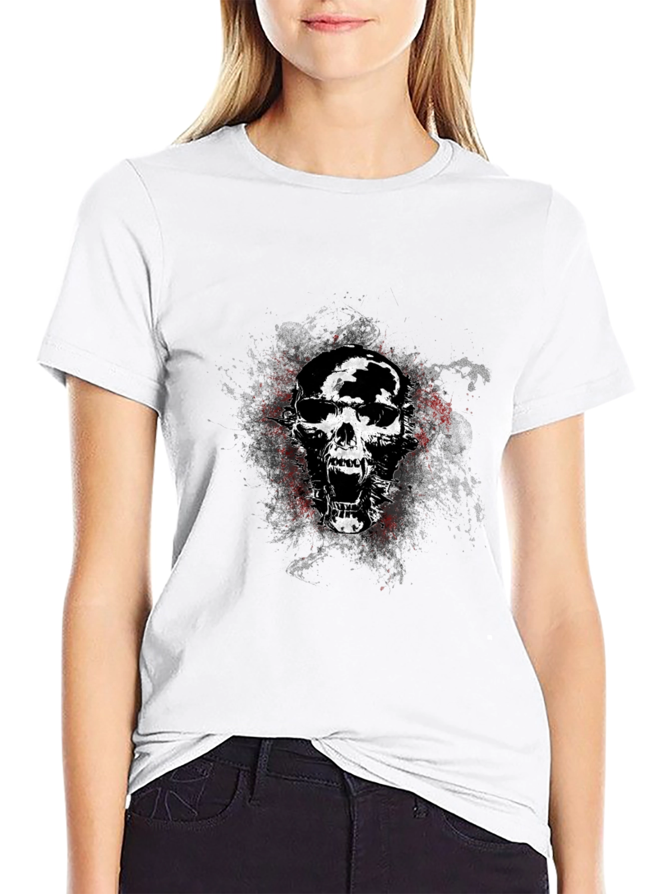 Edgy Skull Graphic Tee - Black Cotton Blend T-Shirt