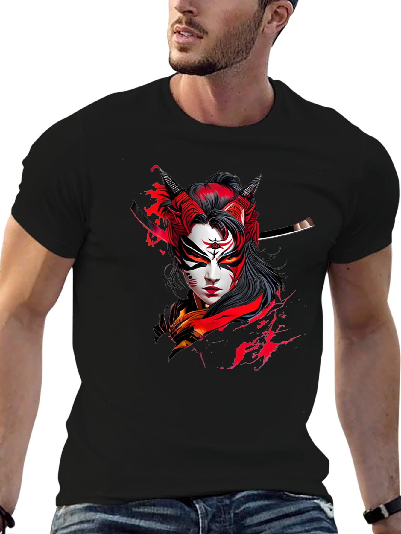 Samurai Graphic Print Black Tee
