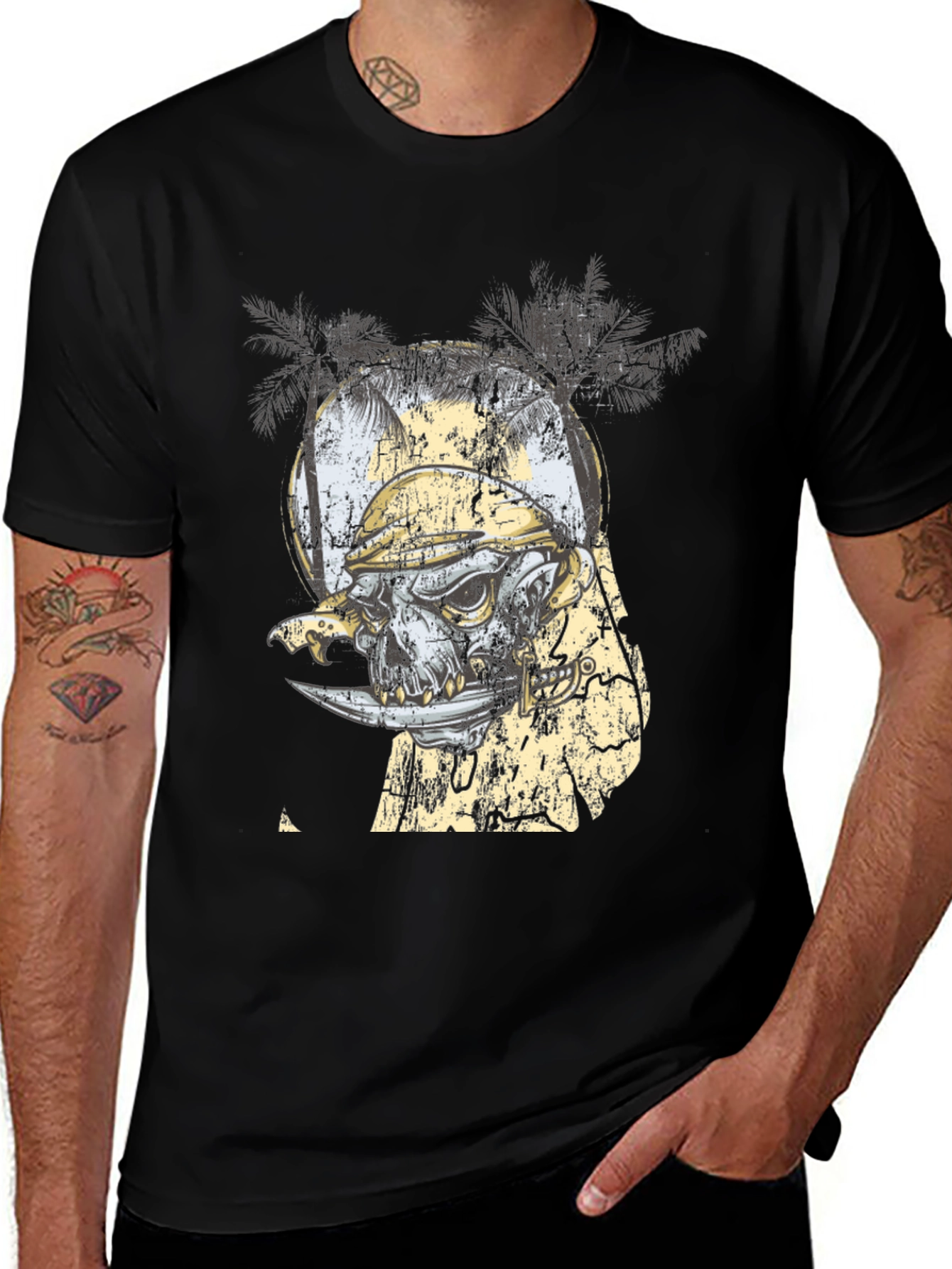 Grunge Skull & Palms Black Graphic Tee