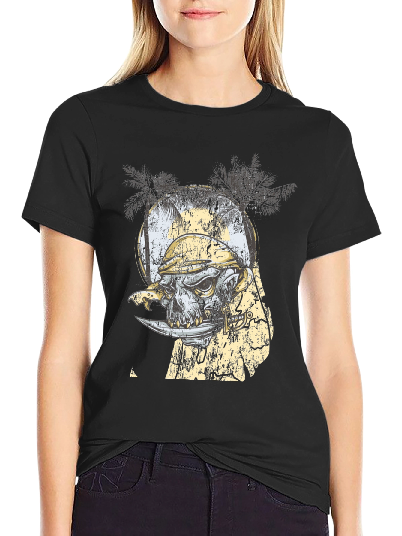 Grunge Skull & Palms Black Graphic Tee