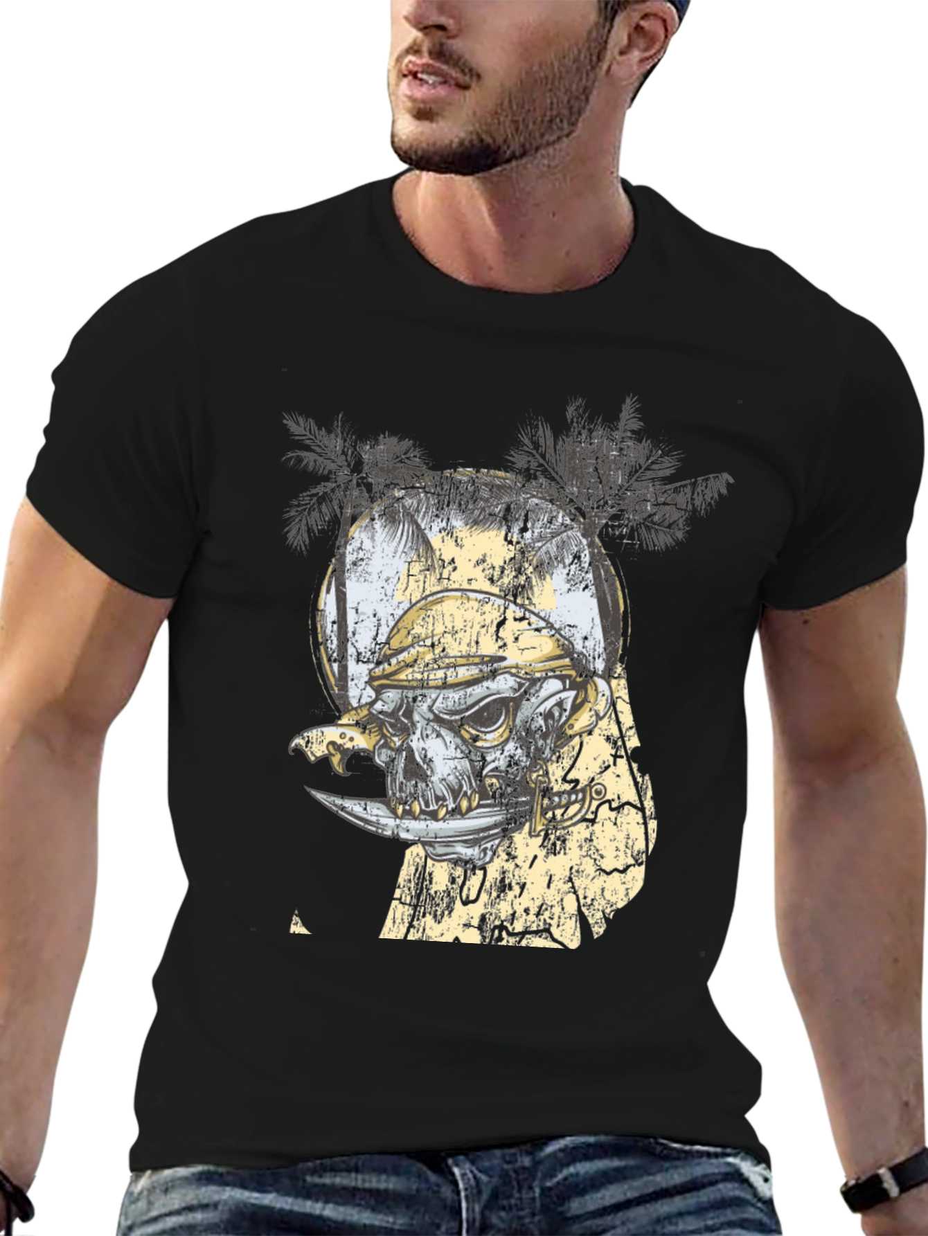 Grunge Skull & Palms Black Graphic Tee