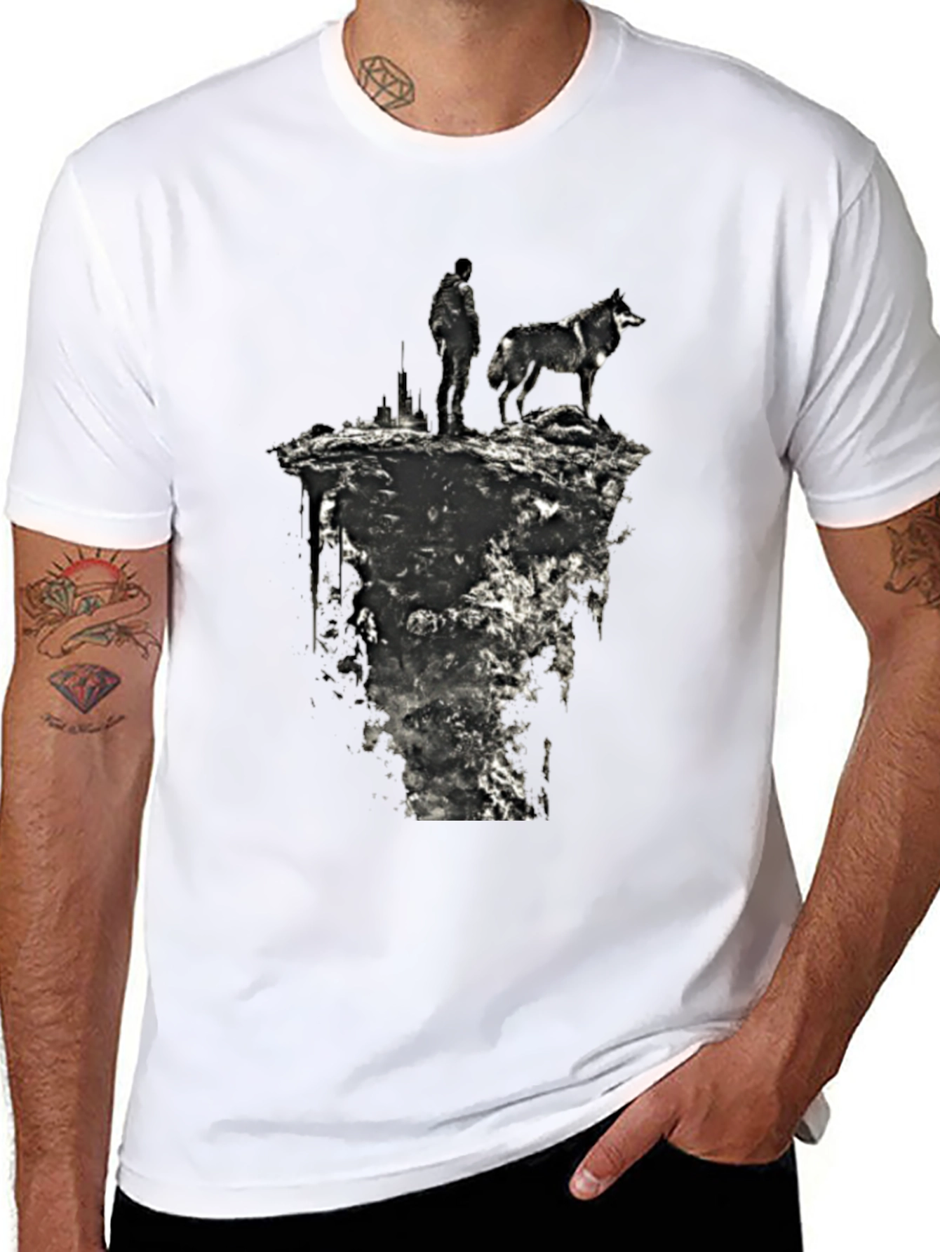 Wolf & Man Graphic Tee - Black Cotton T-Shirt