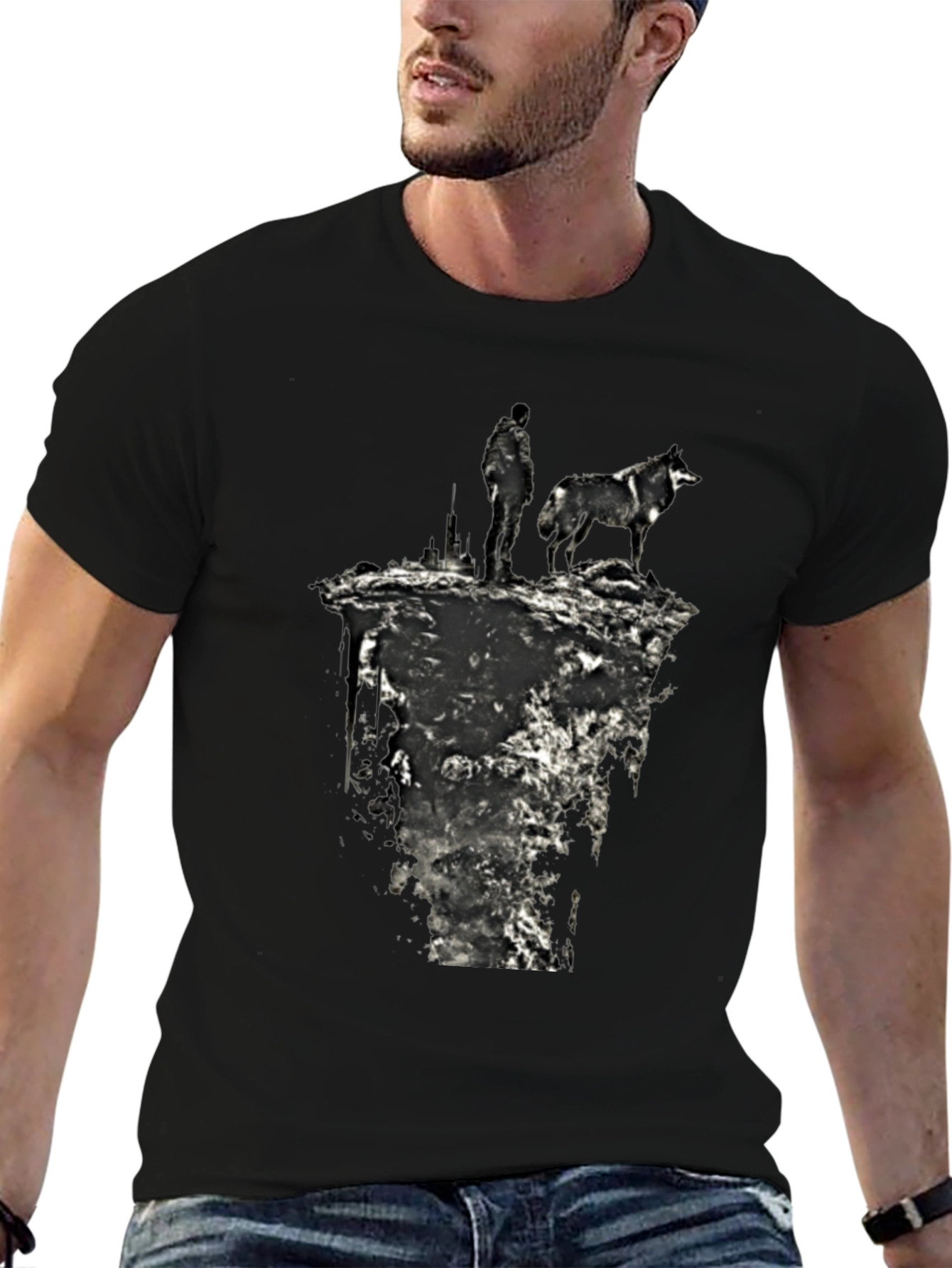 Wolf & Man Graphic Tee - Black Cotton T-Shirt