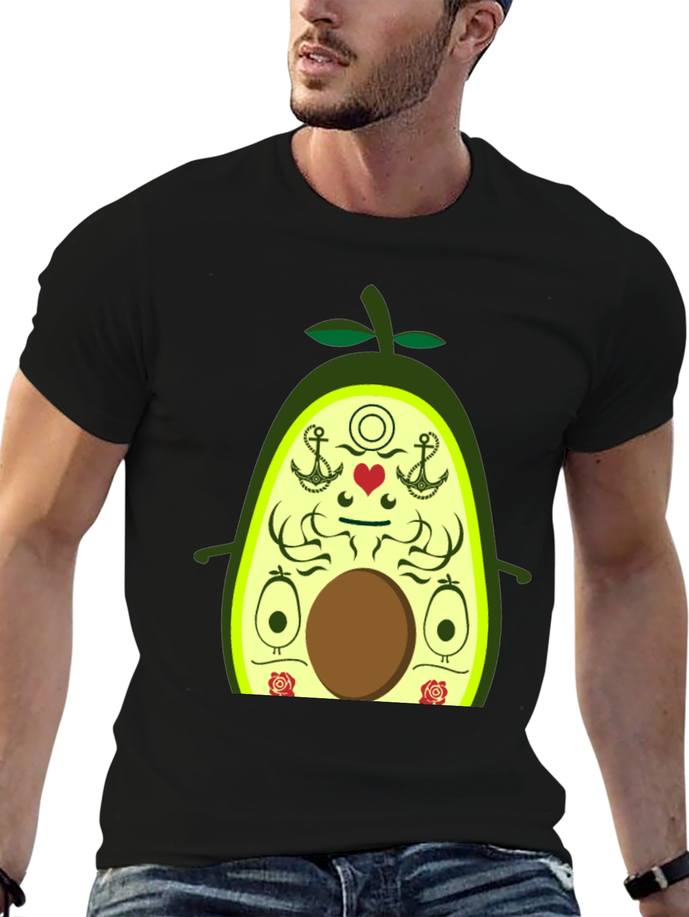 Avocado Cartoon Graphic Black T-Shirt