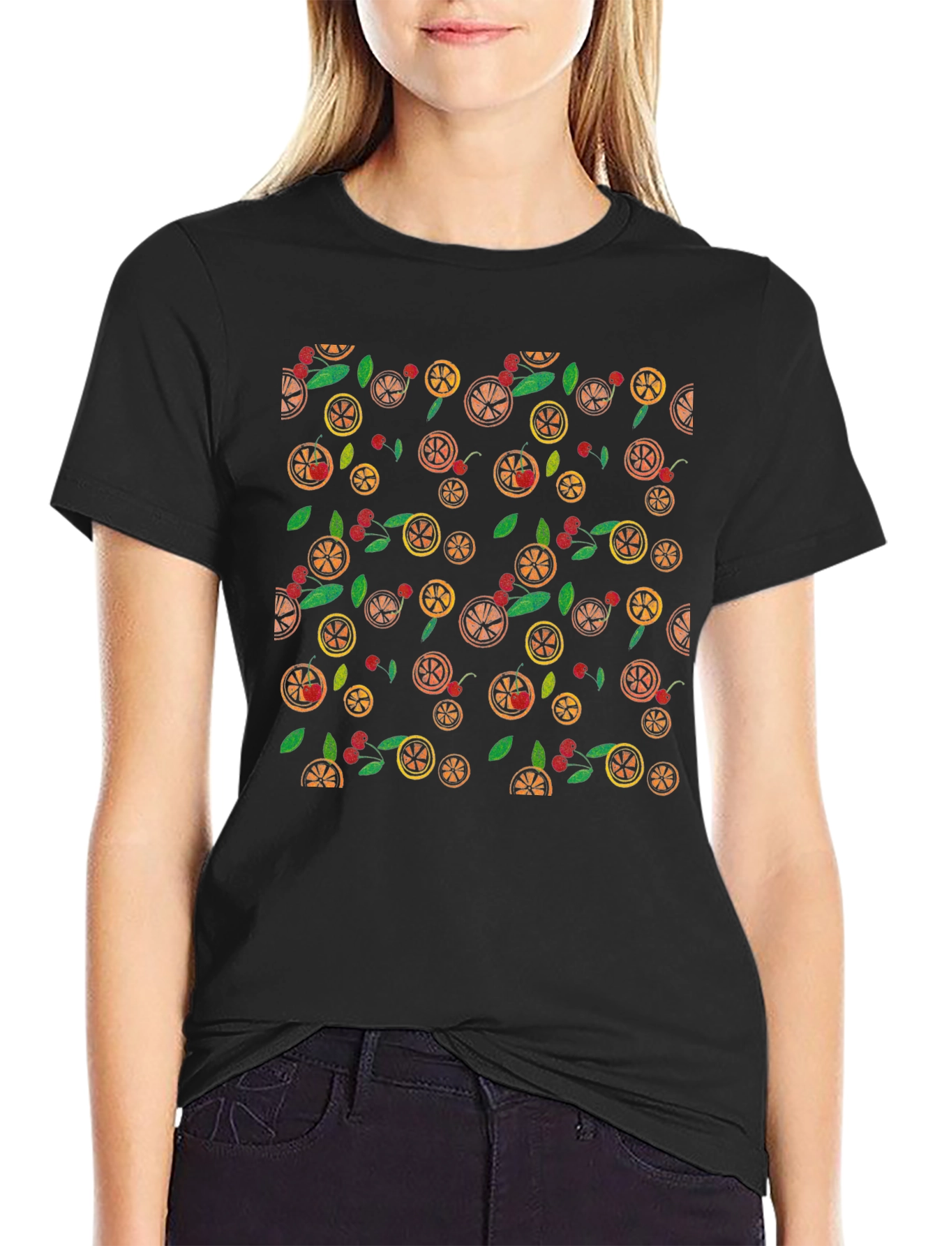 Fruit Pattern Black T-Shirt - Casual Wear