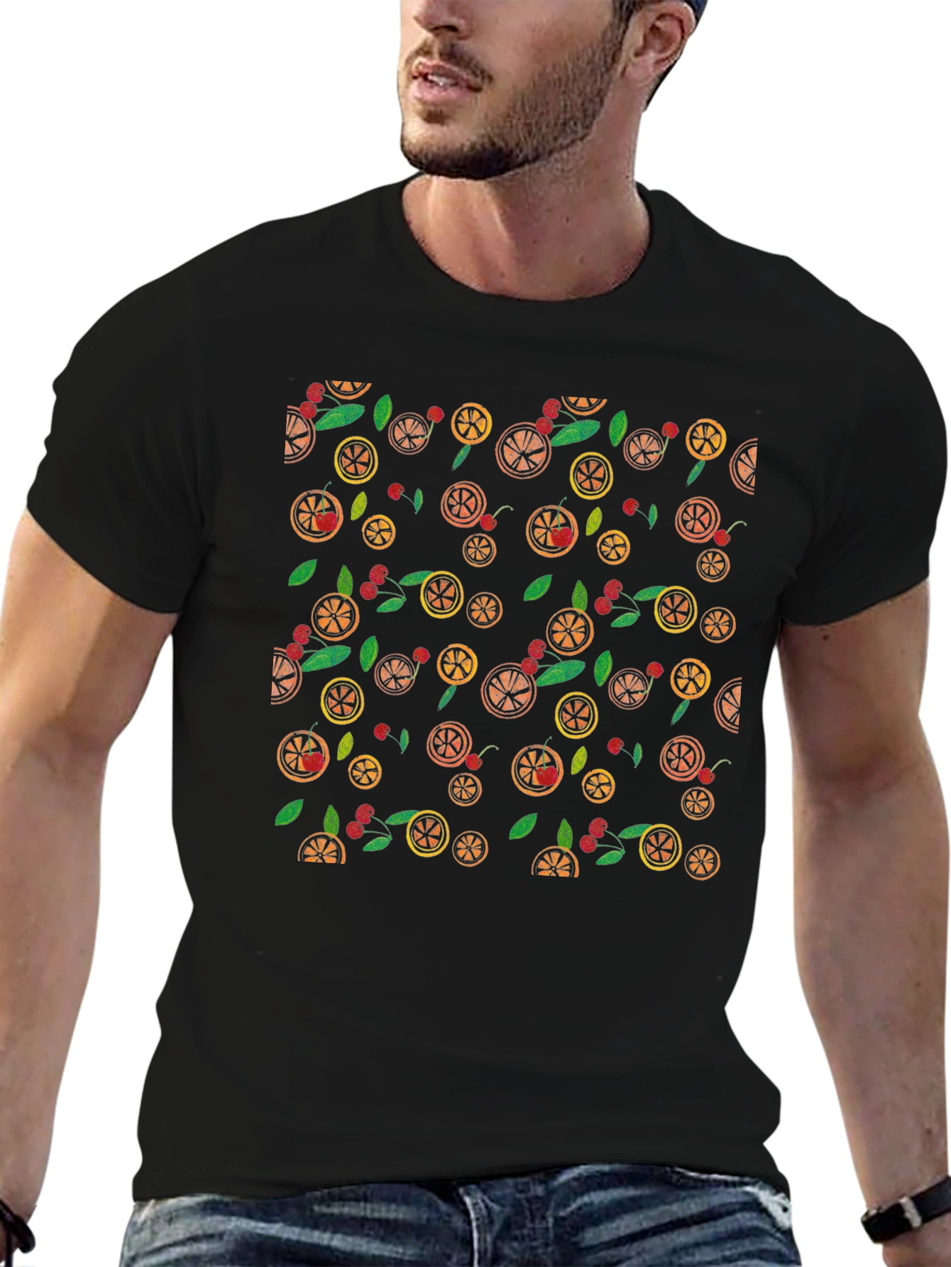 Fruit Pattern Black T-Shirt - Casual Wear