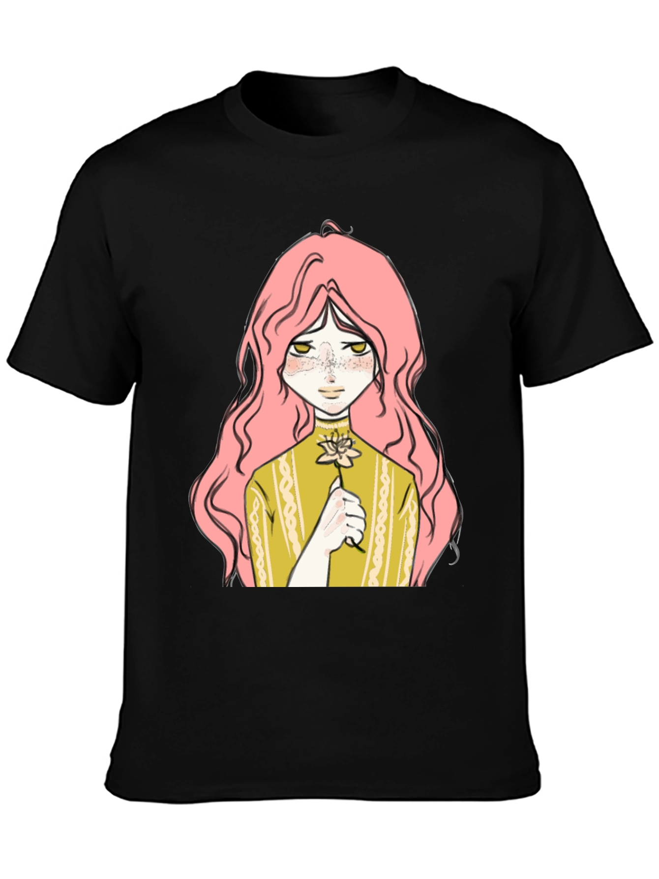 Anime Girl Flower Graphic Black T-Shirt