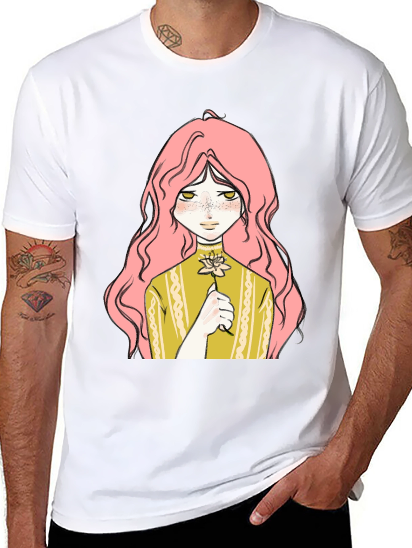 Anime Girl Flower Graphic Black T-Shirt