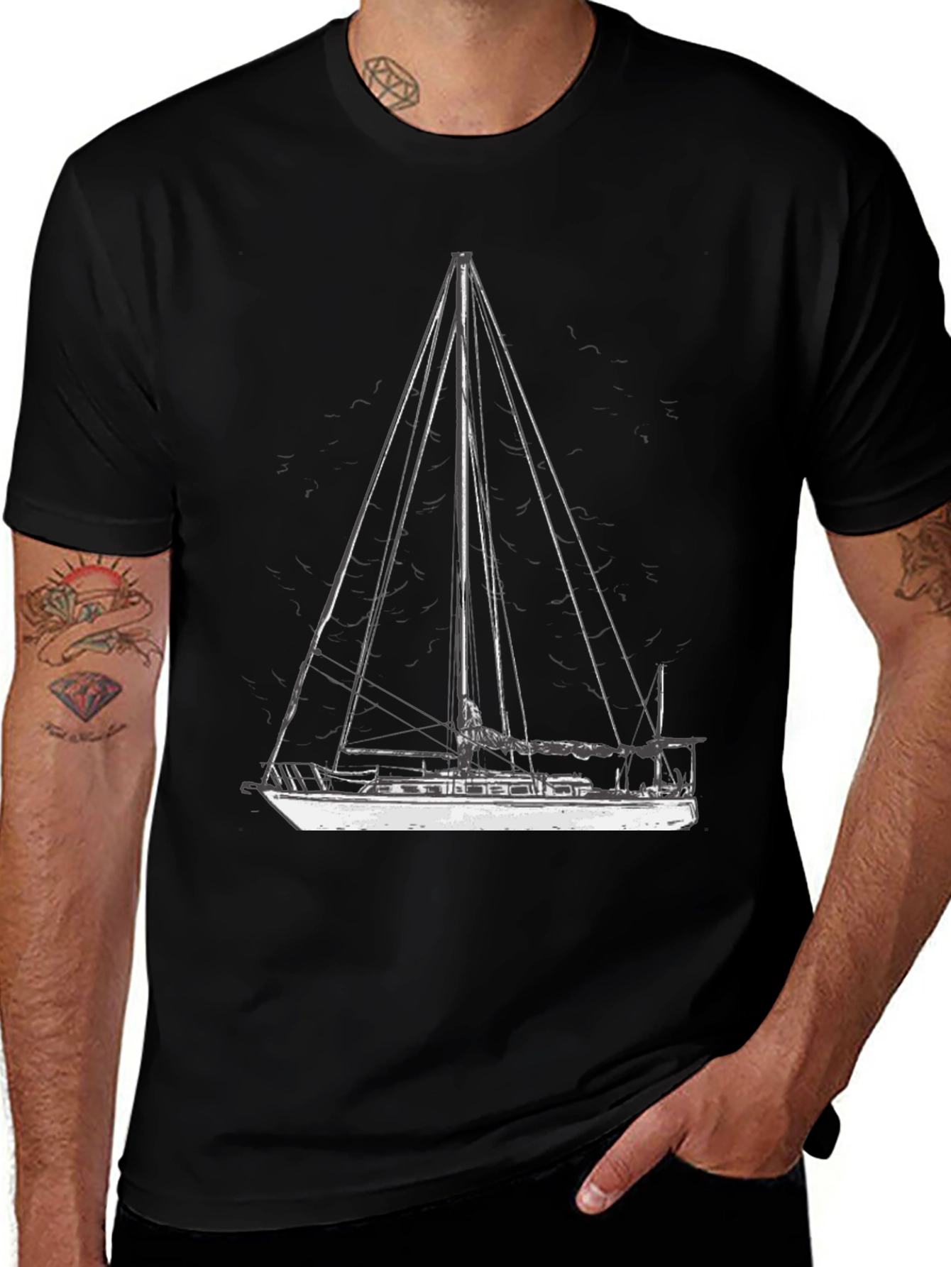 Nautical Sailboat Graphic T-Shirt - Black Cotton Tee